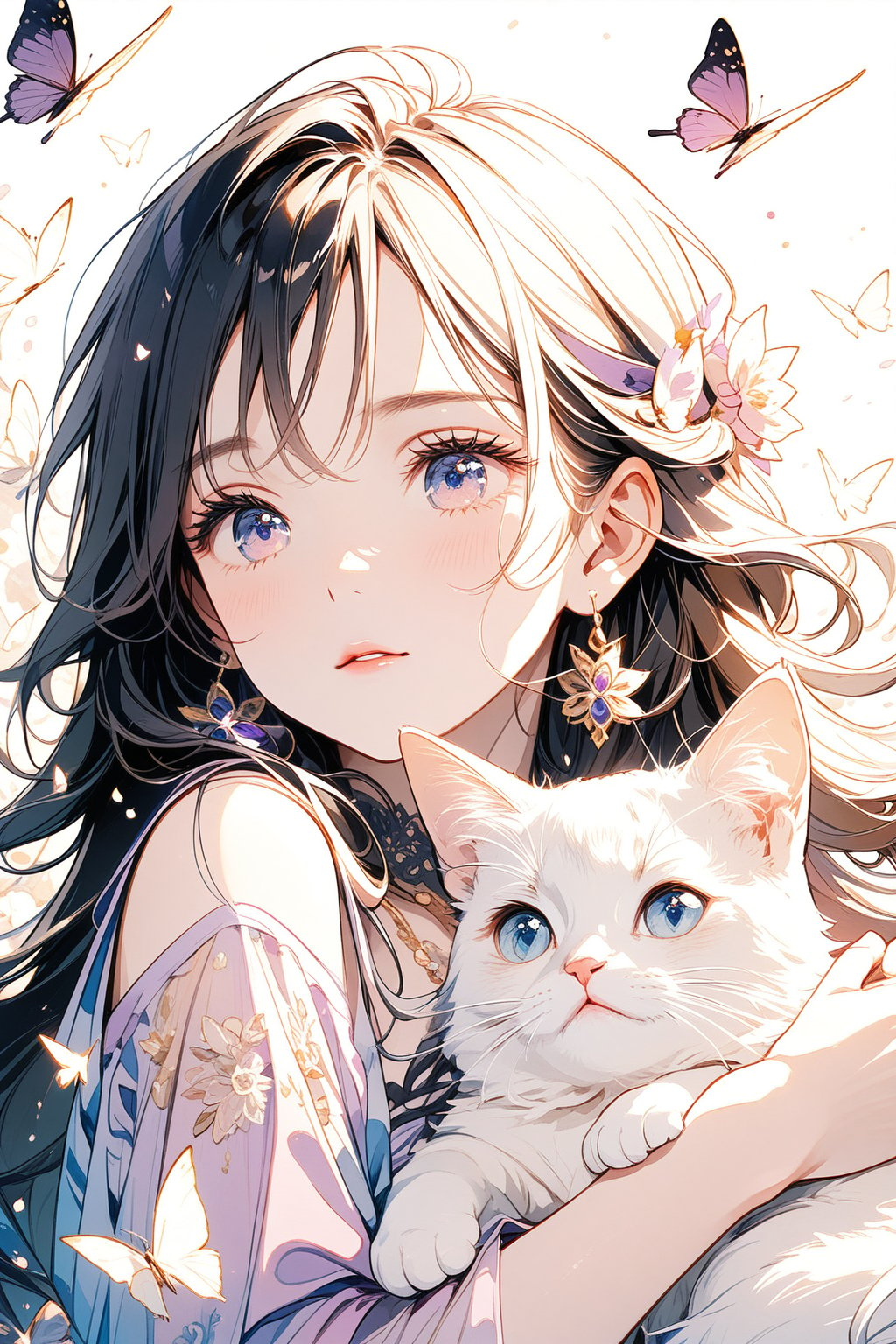 High quality, masterpiece, HD, 8K, This digital painting depicts a beautiful goddess with long black hair and blue eyes. She is wearing a purple dress, a necklace and earrings. She holds a white cat in her arms and looks at the cat with loving eyes. The whole painting is full of warmth, and several white butterflies are flying around her. Close-up shots highlight her noble temperament.