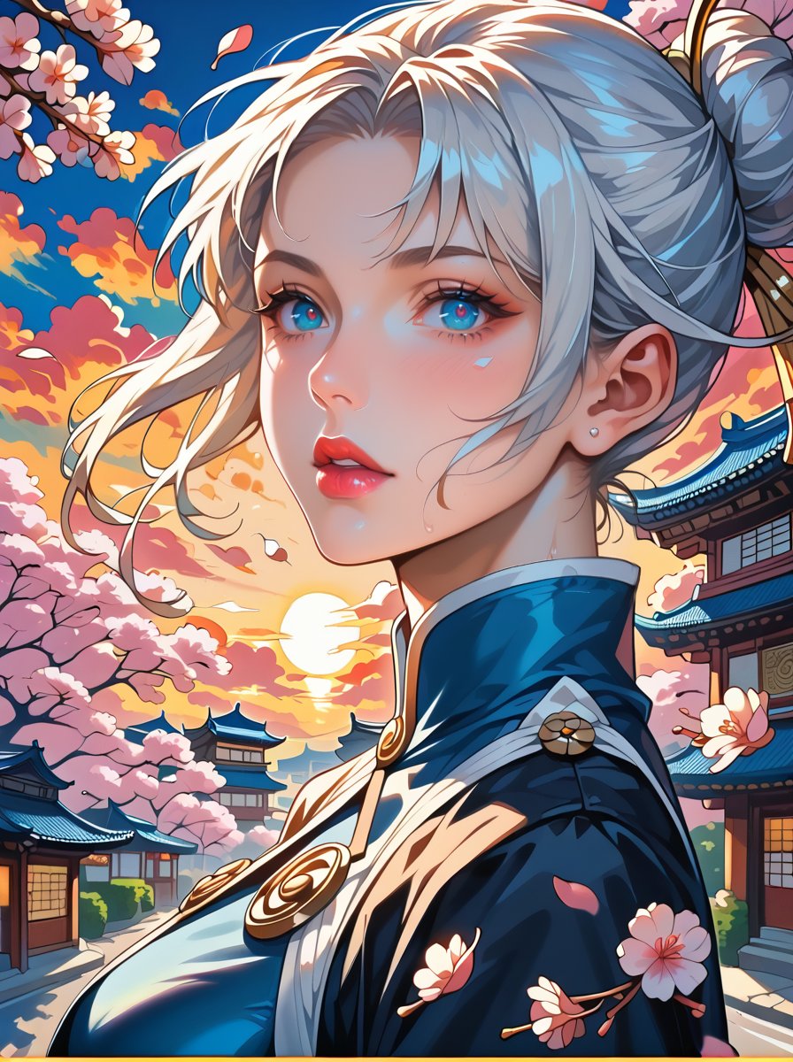 High quality Hayao Miyazaki animation style. Sunset, colorful clouds. Beautiful village street with illuminated houses on the side. Cherry blossoms are falling in the sky. The goddess with long white hair (and bright blue eyes) looked up. The slender goddess with long white hair (and bright blue eyes) looked up. Slender figure, wearing a blue skirt (beautifully textured) long lens, movie-like light and shadow, with a blue water dragon coiled around his body.,DonMM1y4XL