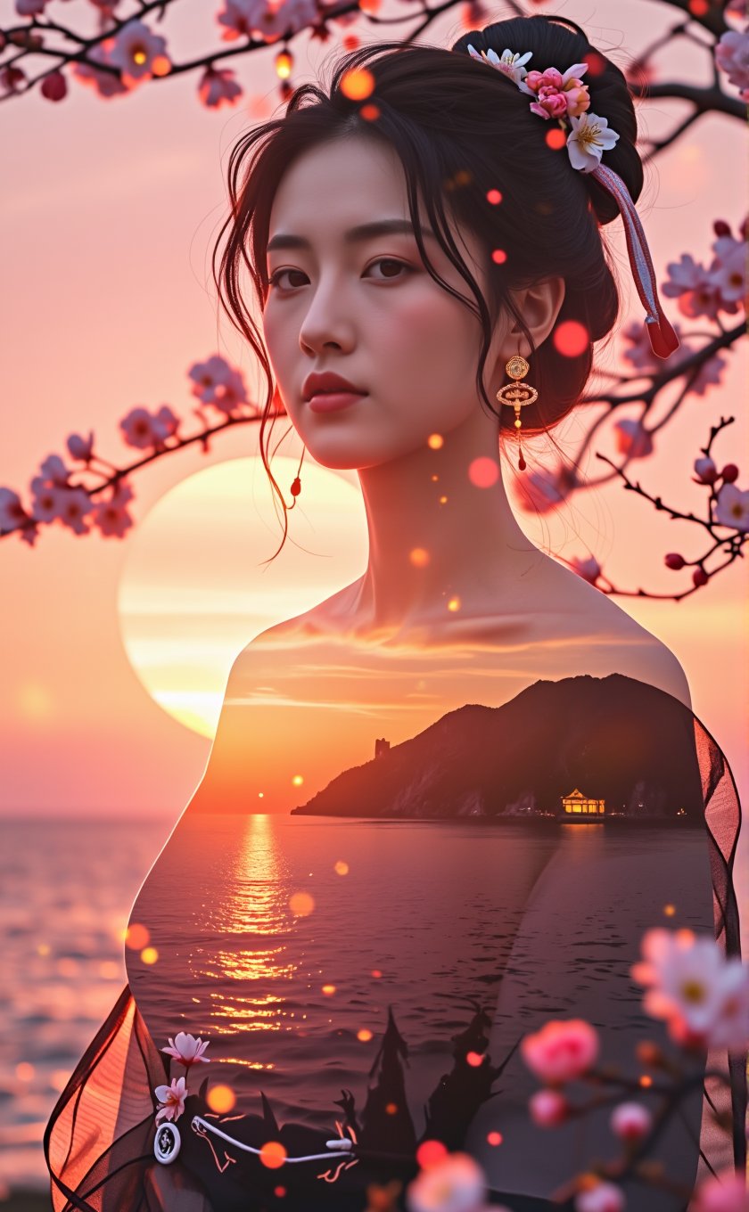 Hayao Miyazaki style anime style. High image quality, 8K ultra-high definition, beautiful double exposure, the goddess has an oriental face, and the silhouette is the top below the neck. The silhouette is combined with the sunset coast, the sunset coast is used as the underlying background of the clothes, the details are integrated into the goddess, the lines are clear, the background is the sunset, the focus is sharp, double exposure, by yukisakura, great full color, long shot movie effect