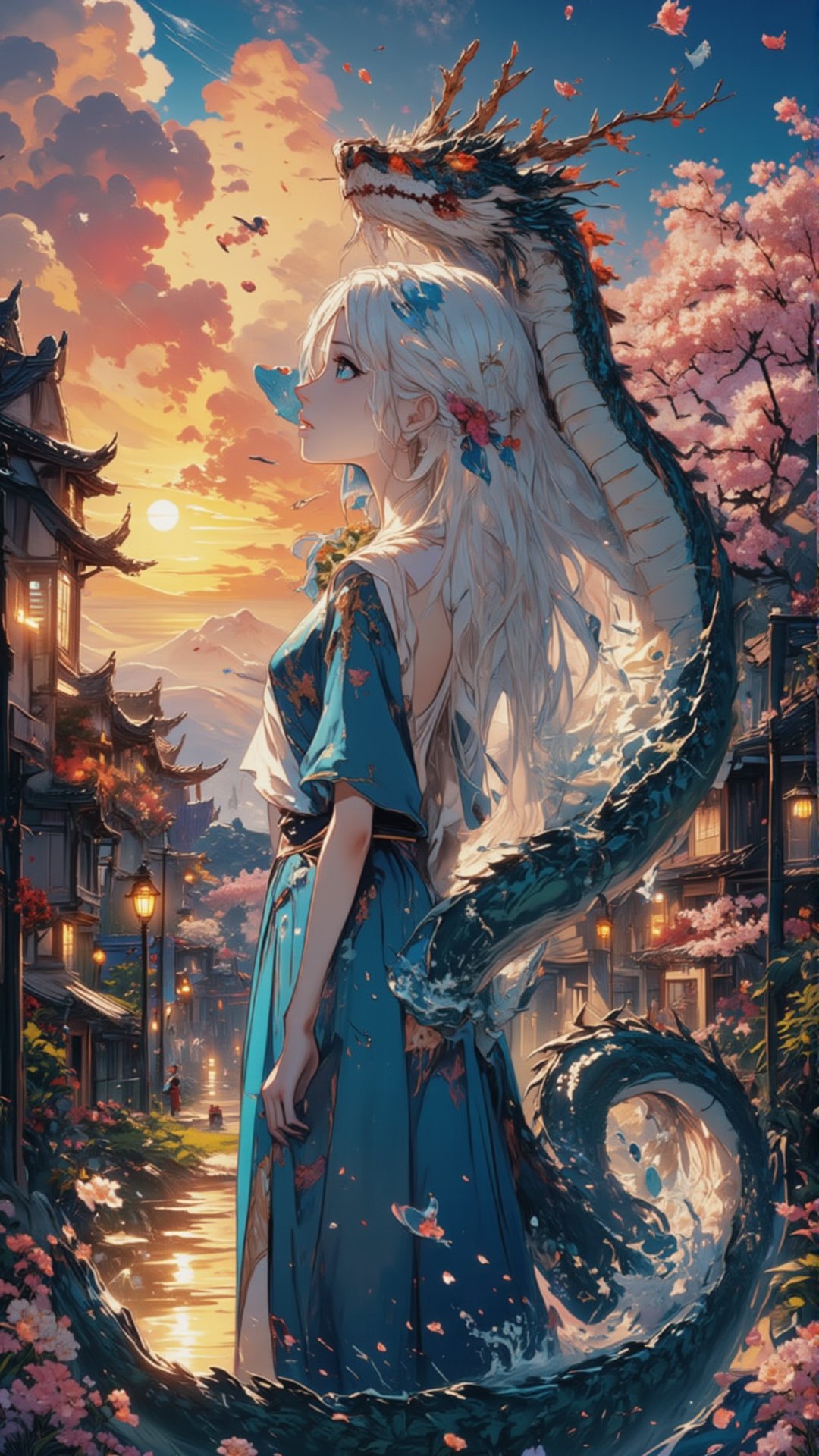 High quality Hayao Miyazaki animation style. The sun sets in the west with colorful clouds. Beautiful village street with brightly lit houses. Cherry blossoms are falling from the sky. The goddess with long white hair (and bright blue eyes) looked up. The slender goddess with long white hair (and bright blue eyes) looked up. A slender figure, a long shot in a blue skirt (very good texture), movie-like light and shadow, a water dragon coiling around the goddess from bottom to top, with the water dragon's head on the goddess's shoulder.