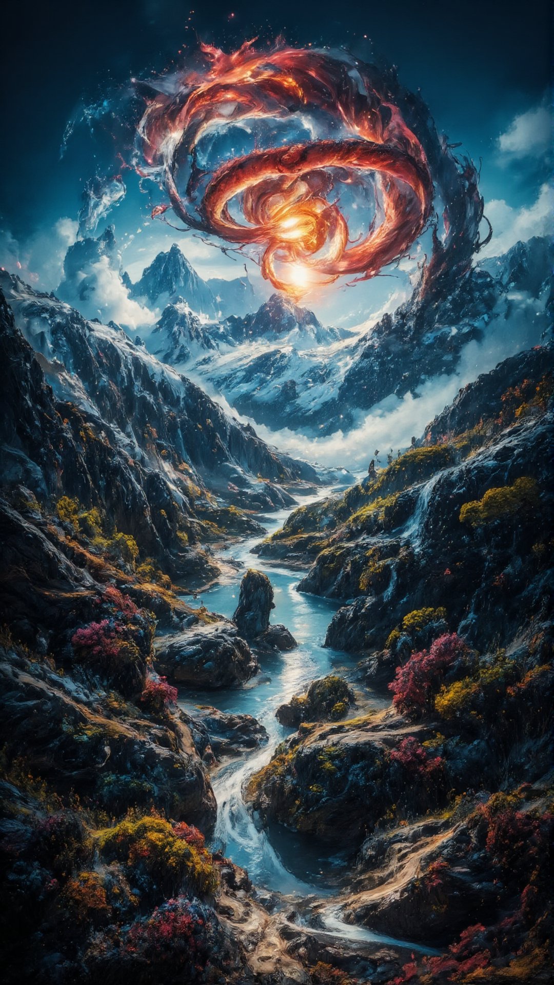 A stunning 8K masterpiece unfolds: an azure sky dominates the foreground, and red clouds swirl in mesmerizing dragon-shaped swirls above a blazing sun. Vibrant clouds dance in the sky, a majestic mountain range rises in the background, rugged peaks covered with snow, and clear lakes frame the majestic scenery. The atmosphere is shrouded in an eerie fog, and every detail is meticulously rendered in stunning 8K resolution, transporting viewers into this idyllic brightly styled wonderland.