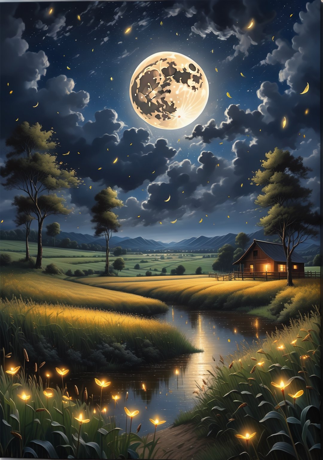 (Best Quality, 8k, 32k, Masterpiece, UHD:1.3)((masterpiece)), (((best quality))), ((ultra-detailed)),  In the dark night sky, there are stars, a golden full moon, and fireflies floating in the fields.

The full moon is located in the upper right corner of the painting, and the background of the sky is brighter