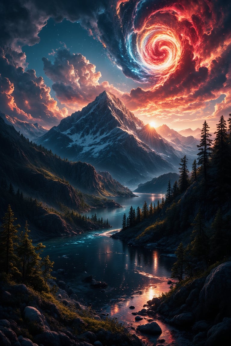 Create a stunning high-resolution scene with a blue sky with red rosy clouds in the foreground and a clockwise swirl of a fiery red sun in the sky. Cast a ray of golden light on the mountain peak. In the background, a majestic mountain peak rises from the ground, its rugged peaks covered with patches of snow. There is a lake below the mountain peak. The water is very clear, reflecting the majestic mountain peak. The hills are lined with trees, and the hillsides are dotted with trees in various shades of green. The sunlight casts dramatic shadows on the mountains, enhancing their silhouette and texture. Creates a perfect peaceful atmosphere. The vivid colors and intricate details of the scene are captured to a wallpaper-like quality in 8K resolution, making every element pop and immersing the viewer in the picturesque landscape.