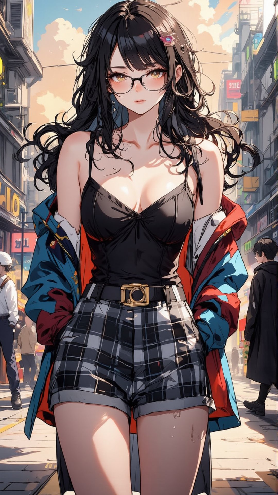 masterpiece, best quality, beauty, 1girl, glasses, hands in pockets when walking, full body fit, off-shoulder neckline, V-shape, spaghetti straps, high waist, one-line skirt, pockets, pocket flaps, long black hair, blush , boots, brown bright eyes, black and white plaid skirt, earrings, hair accessories, hairpins, hood, under hood, hooded cloak, clothing, looking at viewer, black stockings all under shorts, sunset in the background The street of the time, solo, colorful jacket, the painting style is delicate and very clear, the whole painting is filled with the atmosphere of youth