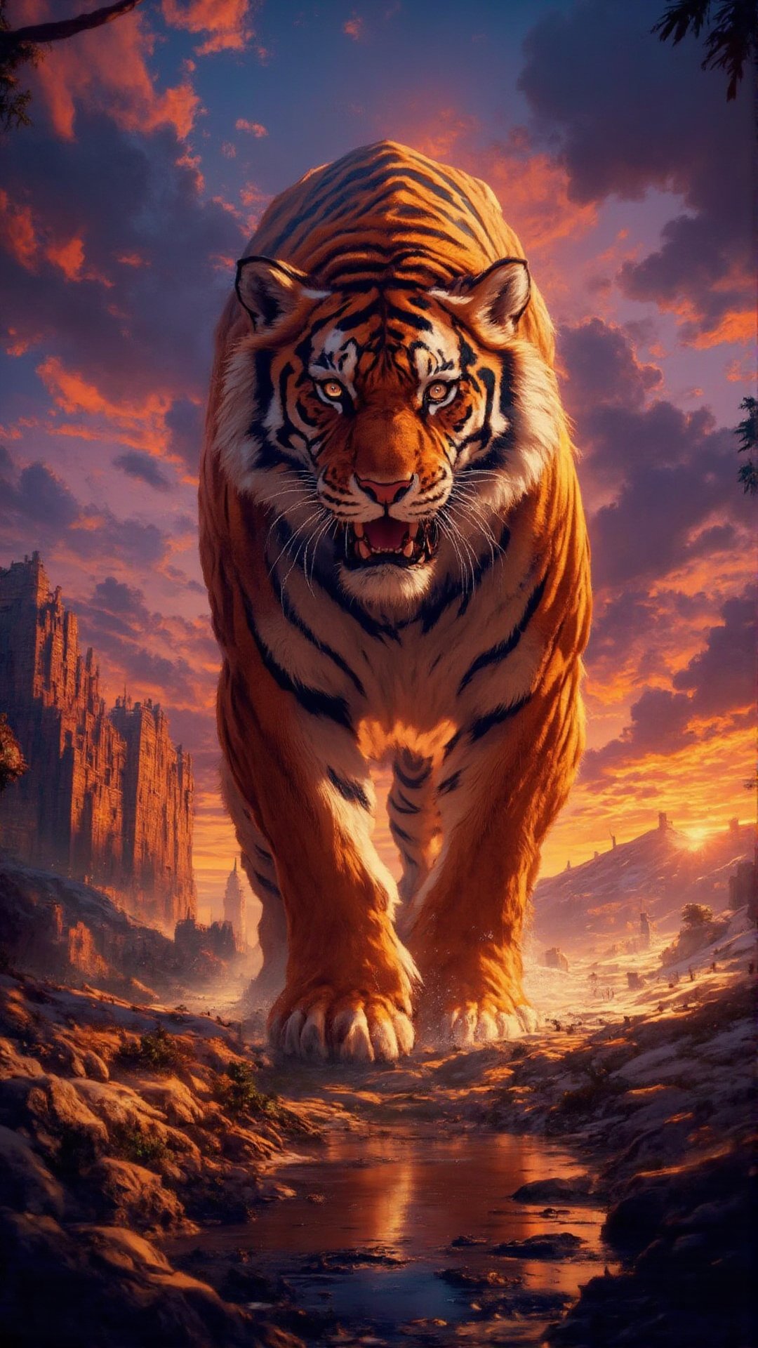 High quality Hayao Miyazaki animation style. Sunset, setting sun, city, colorful clouds, mountains and rivers. A majestic and majestic tiger, with a tall body and strong muscles, exuding a strong animal aura.  The tiger's eyes are piercing, and the sharp gaze seems to be able to penetrate the human soul. Gives a powerful feeling. Instilling a sense of awe. (The texture is very good), film light and shadow.