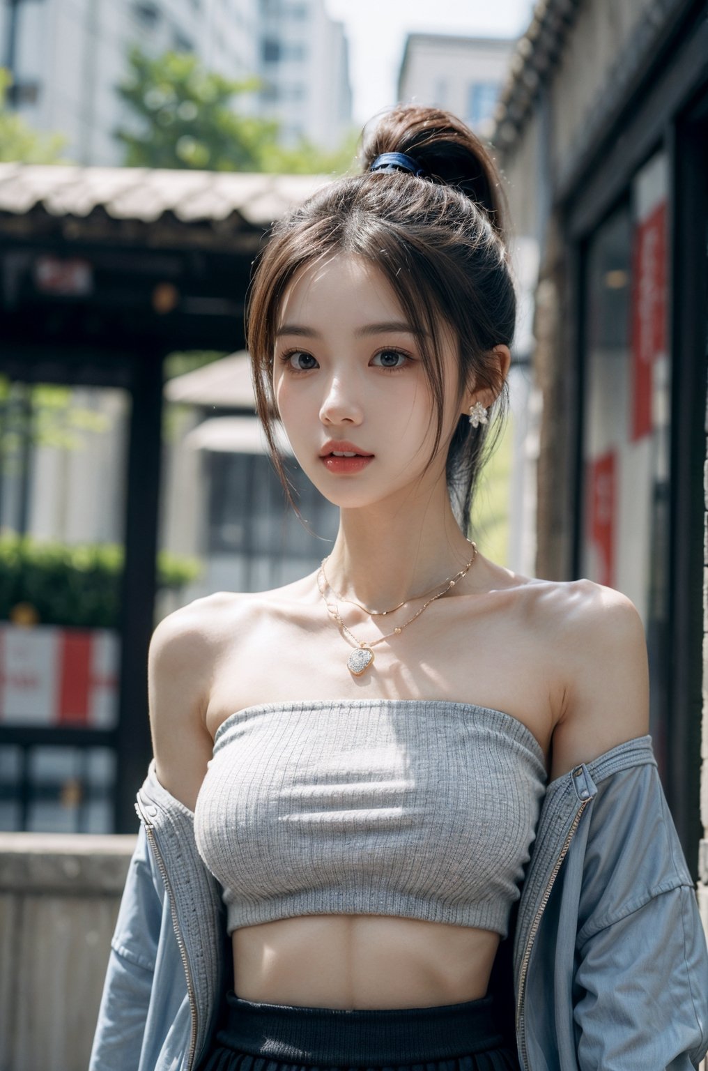 A beautiful female college student with big breast, solo, expressive eyes, lively and vibrant, possessing a great temperament and a cute ponytail, necklace, small earrings, handbag, fantasy, jewelry, skirt, tube tops, (color), pattern, jacket , navel, knit, blouse, light blue, half body shot, closed mouth, blurry, lips, blurry background, film grain, 50mm, photography, masterpiece, thin waist,((upper body:1.8)),  