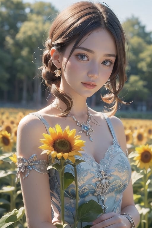  A beautiful woman. Sunflower field. Best Quality, Crazy Details and Sharp Focus, Masterpiece, Professional, Award Winning, Fine Detail, High Detail, UHD, 64k, Soft Look