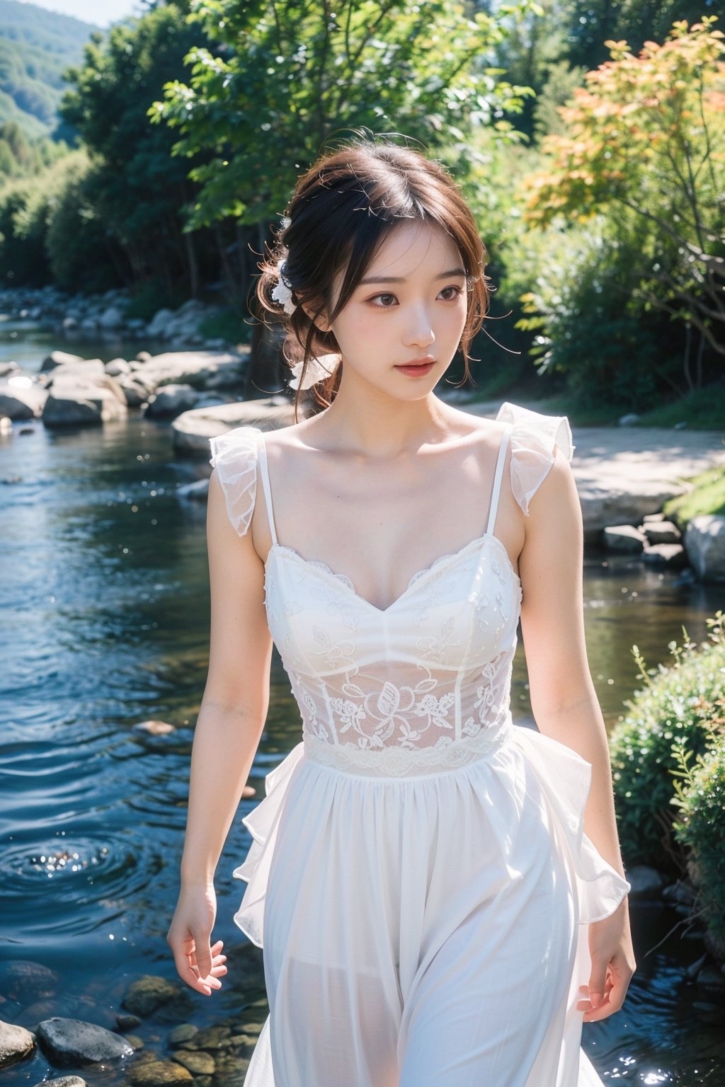 (intricate details),unity 8k wallpaper,ultra detailed,beautiful and aesthetic,detailed, scenery,A girl of about 20 years old, Wearing a wedding dress, The breeze ruffled her hair, Rolling hills, A clear stream, Warm sun