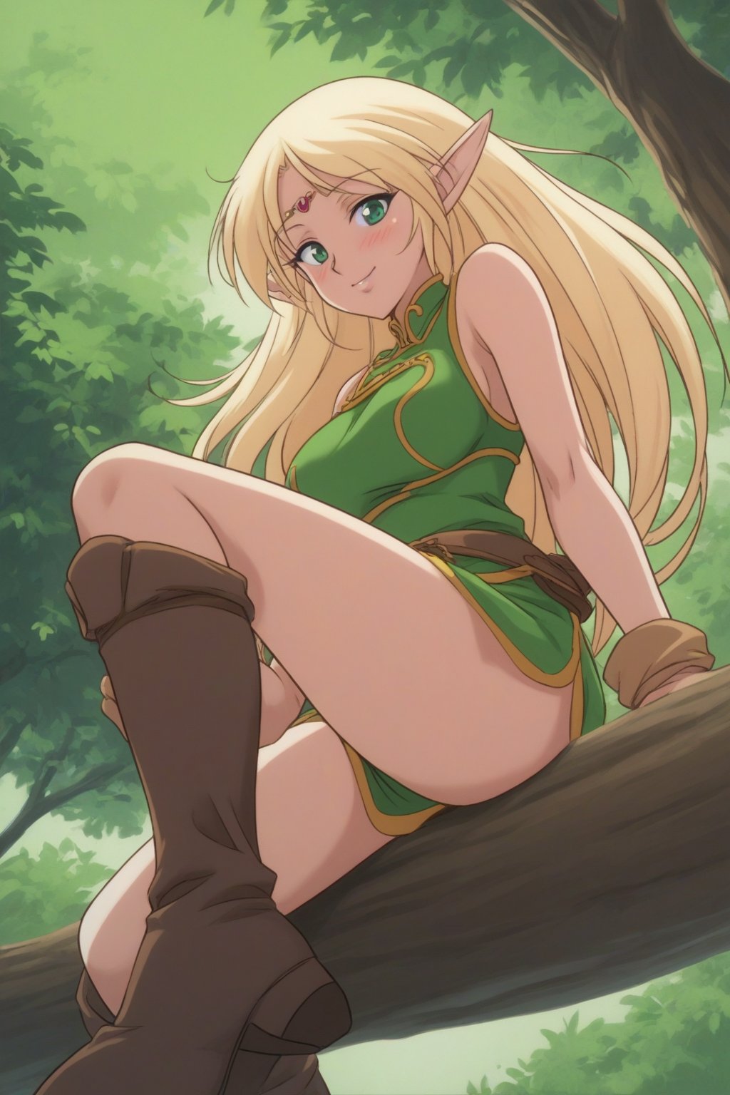 (masterpiece, best quality, 32K ultra HD anime, super high resolution, 1980s /(style/), perfect human anatomy, perfect anatomy), (side view, shot from below), looking at camera, highlights breasts,
(Deedlit), mature woman, elf, solo,
((long hair, blonde hair, center parted bangs, circlet, beautiful long thin eyebrows, lime green eyes, pointed ears, pink lips, blushing, smiling), (mouth slightly open),
(((Deedlit's lime green dress, sleeveless, gold trimmed), (green armor, gold trimmed)), belt, (lime green short skirt, gold trimmed)), black stockings, black boots,
attractive body, high body, beautiful clavicle line, (large breasts; 0.3, firm firmness), beautiful hands, (beautiful fingers, 4 fingers, 1 thumb), slightly wide hips; 0.7, a little big_buttocks; 0.8, beautiful_legs, beautiful_knees, beautiful_calves, (beautiful_toes, 4 fingers, 1 thumb),
(sitting, on a tree branch, legs wide open, on a big tree branch), (forest scenery, big tree branch, big tree, deep forest),
, core_9_up, score_8_up, score_7_up, score_6_up, source_anime, score_9_up