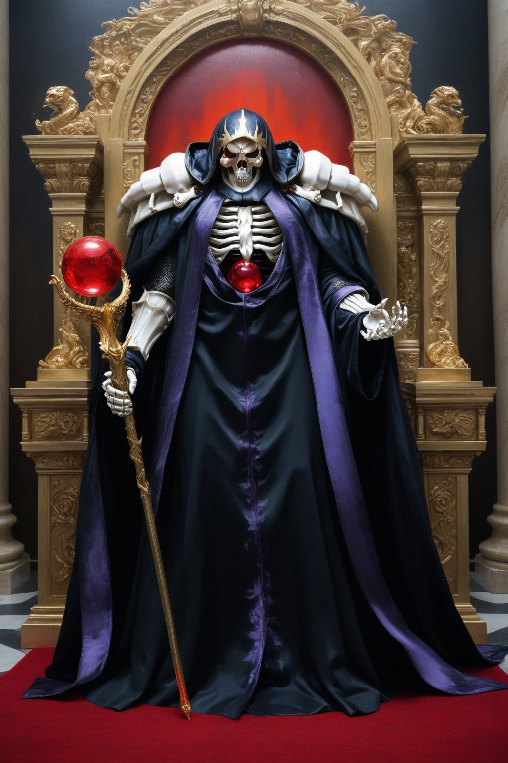 (masterpiece, best quality, 32K ultra-high resolution oil painting, super high resolution, artistic shading, accurate human anatomy, perfect anatomy),
(side view, bottom angle), full body shot, (eyes on camera),
Ainz Ooal Gown \(Overlord\), one boy, solo,
white skull, white skeleton, red eyes, glowing, glowing red ball in chest,
black hood with gold trim, (white giant shoulder pads, red balls inlaid), (black robe, purple trim), (scepter, snake holds seven-colored gem on staff),
(palace background, huge stone pillars lined up, (red carpet, gold trim), luxurious throne, steps to the throne, huge coat of arms flag),
core_9_up, score_8_up, score_7_up, score_6_up, source_anime,