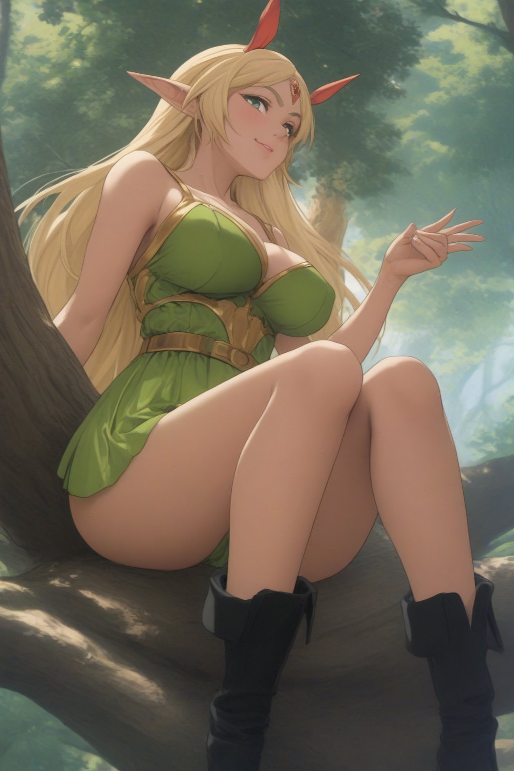 (masterpiece, best quality, 32K ultra HD anime, super high resolution, 1980s /(style/), perfect human anatomy, perfect anatomy), (side view, shot from below), looking at camera, highlights breasts,
(Deedlit), mature woman, elf, solo,
((long hair, blonde hair, center parted bangs, circlet, beautiful long thin eyebrows, lime green eyes, big elven ears, pointed ears, pink lips, blushing, smiling), (mouth slightly open),
(((Deedlit's lime green dress, sleeveless, gold trimmed), (green armor, gold trimmed)), belt, (lime green short skirt, gold trimmed)), black stockings, black boots,
attractive body, high body, beautiful clavicle line, (large breasts; 0.3, firm, firm), beautiful_hands, (beautiful_fingers, 4 fingers, 1 thumb), slightly wide_waist; 0.7, slightly large_buttocks; 0.8, beautiful_legs, beautiful_knees, beautiful_calves, (beautiful_toes, 4 fingers, 1 thumb),
(sitting, on a tree branch, legs wide open, on a big tree branch), (forest scenery, big tree branch, big tree, deep forest),
, core_9_up, score_8_up, score_7_up, score_6_up, source_anime, BREAK, score_9,