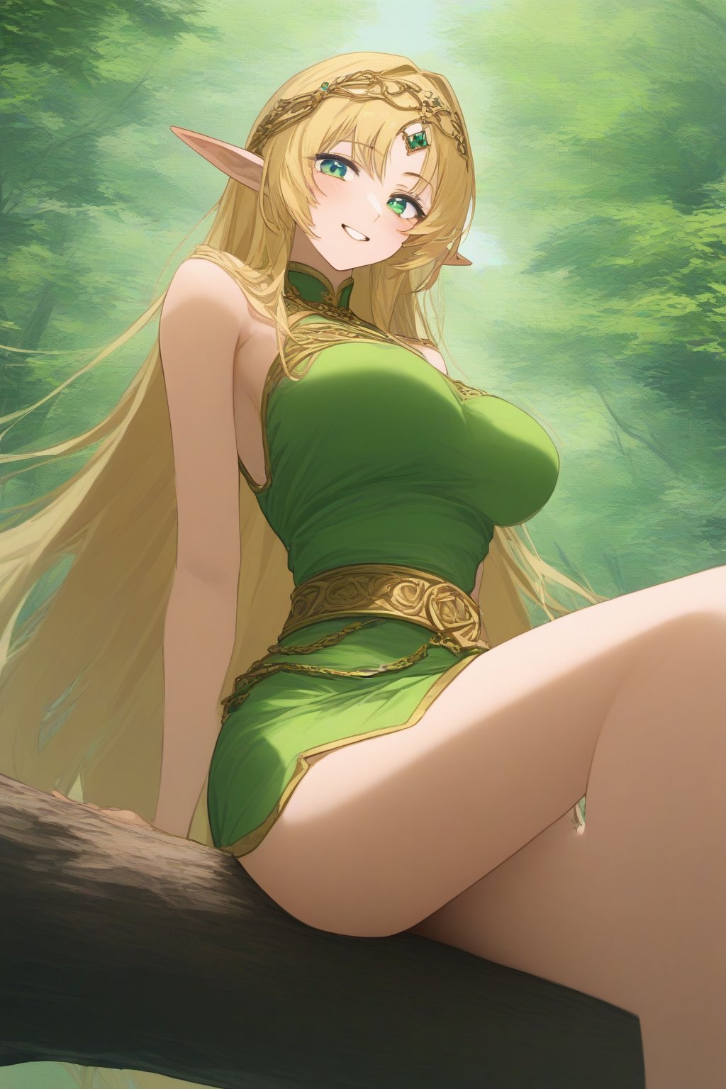 (masterpiece, best quality, 32K ultra HD anime, super high resolution, 1980s /(style/), perfect human anatomy, perfect anatomy), (side view, shot from below), looking at camera, highlights breasts,
(Deedlit), mature woman, elf, solo,
((long hair, blonde hair, center parted bangs, circlet, beautiful long thin eyebrows, lime green eyes, pointed ears, pink lips, blushing, smiling), (mouth slightly open),
(((Deedlit's lime green dress, sleeveless, gold trimmed), (green armor, gold trimmed)), belt, (lime green short skirt, gold trimmed)), black stockings, black boots,
attractive body, high body, beautiful clavicle line, (large breasts; 0.3, firm firmness), beautiful hands, (beautiful fingers, 4 fingers, 1 thumb), slightly wide hips; 0.7, a little big_buttocks; 0.8, beautiful_legs, beautiful_knees, beautiful_calves, (beautiful_toes, 4 fingers, 1 thumb),
(sitting, on a tree branch, legs wide open, on a big tree branch), (forest scenery, big tree branch, big tree, deep forest),
, core_9_up, score_8_up, score_7_up, score_6_up, source_anime, score_9_up