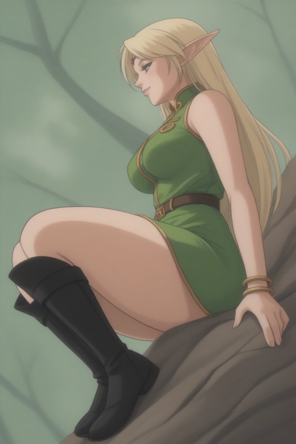 (masterpiece, best quality, 32K ultra HD anime, super high resolution, 1980s /(style/), perfect human anatomy, perfect anatomy), (side view, shot from below), looking at camera, highlights breasts,
(Deedlit), mature woman, elf, solo,
((long hair, blonde hair, center parted bangs, circlet, beautiful long thin eyebrows, lime green eyes, pointed ears, pink lips, blushing, smiling), (mouth slightly open),
(((Deedlit's lime green dress, sleeveless, gold trimmed), (green armor, gold trimmed)), belt, (lime green short skirt, gold trimmed)), black stockings, black boots,
attractive body, high body, beautiful clavicle line, (large breasts; 0.3, firm firmness), beautiful hands, (beautiful fingers, 4 fingers, 1 thumb), slightly wide hips; 0.7, a little big_buttocks; 0.8, beautiful_legs, beautiful_knees, beautiful_calves, (beautiful_toes, 4 fingers, 1 thumb),
(sitting, on a tree branch, legs wide open, on a big tree branch), (forest scenery, big tree branch, big tree, deep forest),
, core_9_up, score_8_up, score_7_up, score_6_up, source_anime, score_9_up