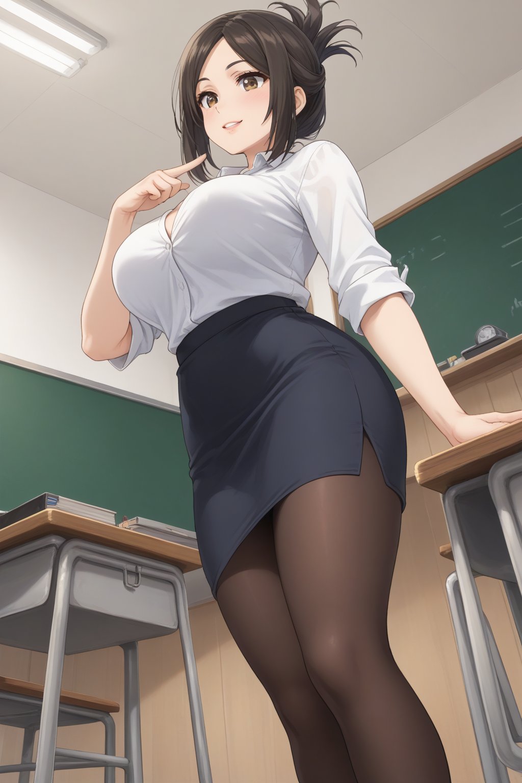 (masterpiece, best quality, 32K ultra HD anime, super high resolution, 1980s /(style/), perfect human anatomy, perfect anatomy, NSFW), (side view, shot from below), looking at camera, highlights breasts,
(kanakojixl), mature woman, solo,
((short hair, black hair, folded ponytail, unevenly parted bangs, beautiful thin long eyebrows, light brown eyes, pink lips, blushing, smiling), (mouth slightly open),
collared shirt, cleavage, white shirt, pencil skirt, black skirt, black thong panties, black pantyhose, office lady,
attractive body, beautiful clavicle line, (large breasts; 0.3, firm firmness), beautiful hands, (beautiful fingers, 4 fingers, 1 thumb), slightly wide hips; 0.7, slightly large ass; 0.8, beautiful_legs, beautiful_knees, beautiful_calves, (beautiful_toes, 4_fingers, 1_thumb),
(standing, facing forward, legs wide open, skirt rolled up, index finger in mouth, in classroom), (school scene, dim light, classroom, podium, large blackboard, timetable, TV monitor),
, core_9_up, score_8_up, score_7_up, score_6_up, source_anime, BREAK, score_9,