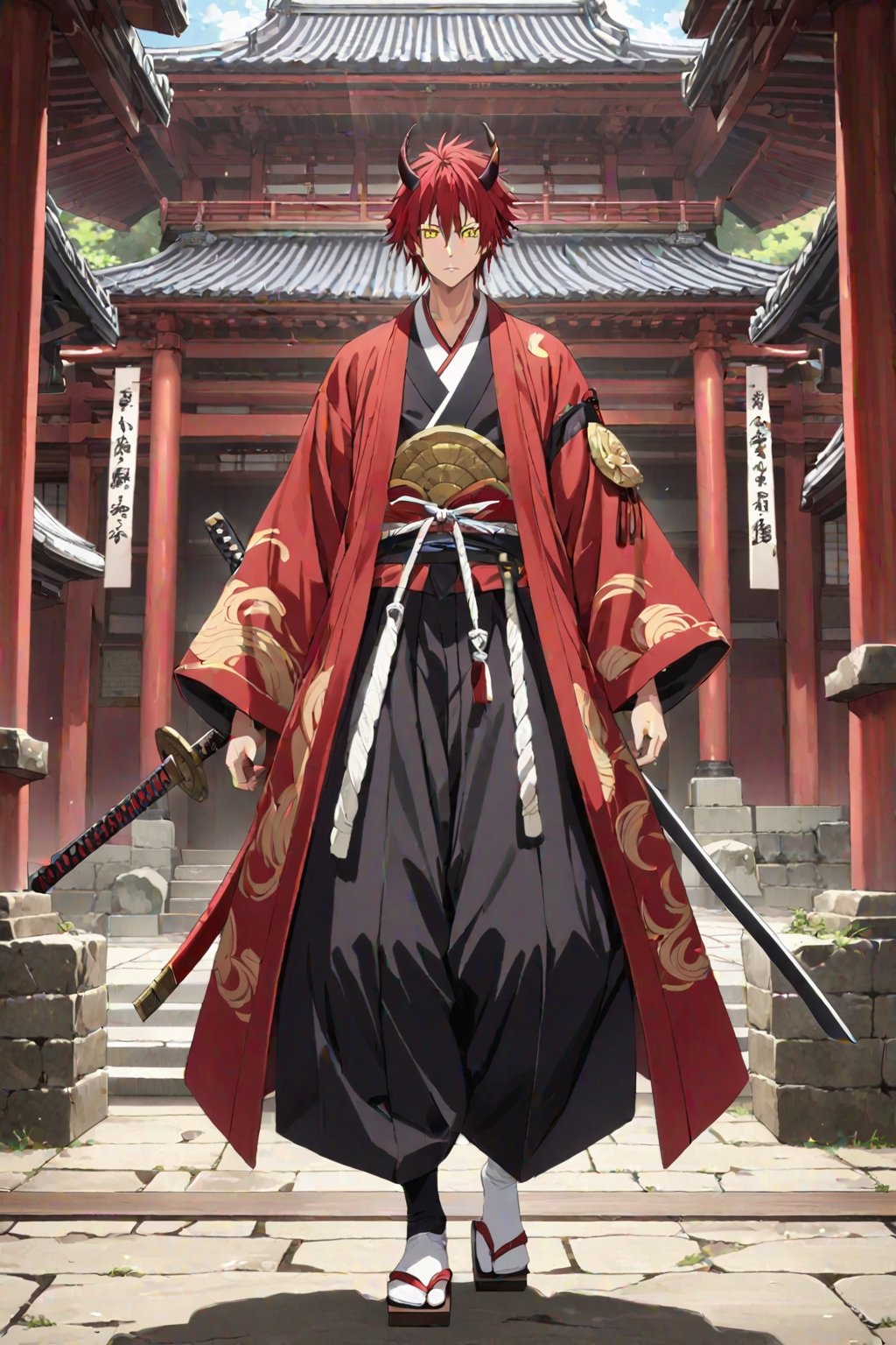 (masterpiece, top quality, ultra HD anime, super high resolution, anatomically accurate, perfect anatomy, exquisite detail), (front view), looking at camera, one boy, solo, male focus, (benimaru_tensura), (red hair, yellow eyes, hair between eyes, horns, demon horns, facial mark), expressionless, asymmetrical, samurai red kimono, gold jinbaori, flame embroidery, black geta, samurai sword, white tabi, flying in the air with a sword, (temple background, old room, stone room),