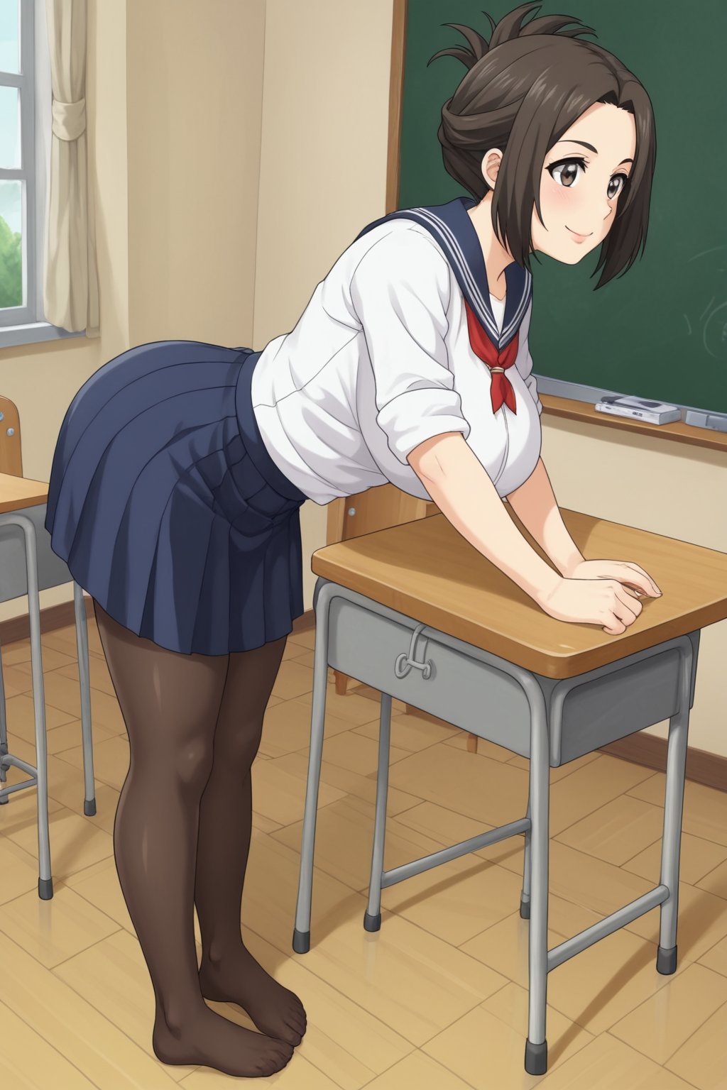 (masterpiece, best quality, 32K ultra HD anime, super high resolution, 1980s /(style/), perfect human anatomy, perfect anatomy, NSFW), (side view, shot from above), looking at camera, highlights breasts,
(kanakojixl), mature woman, solo,
((short hair, black hair, folded ponytail, unevenly parted bangs, beautiful thin long eyebrows, black eyes, pink lips, blushing, smiling), (mouth slightly open),
navy blue sailor uniform collar, white shirt, navy blue sailor uniform skirt, black thong panties, black pantyhose,
attractive body, beautiful collarbone line, (large breasts; 0.3, firm, firm), beautiful hands, (beautiful fingers, 4 fingers, 1 thumb), slightly wide hips; 0.7, slightly large ass; 0.8, beautiful_legs, beautiful_knees, beautiful_calves, (beautiful_toes, 4_fingers, 1_thumb),
(standing, facing forward, legs wide open, skirt rolled up, one hand grabbing breast, in classroom), (school scene, dim light, classroom, podium, large blackboard, timetable, TV monitor),
, core_9_up, score_8_up, score_7_up, score_6_up, source_anime, BREAK, score_9,