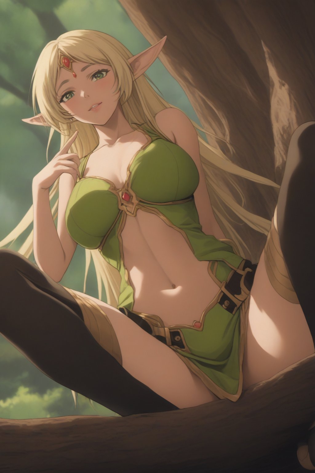 (masterpiece, best quality, 32K ultra HD anime, super high resolution, 1980s /(style/), perfect human anatomy, perfect anatomy), (side view, shot from below), looking at camera, highlights breasts,
(Deedlit), mature woman, elf, solo,
((long hair, blonde hair, center parted bangs, circlet, beautiful long thin eyebrows, lime green eyes, big elven ears, pointed ears, pink lips, blushing, smiling), (mouth slightly open),
(((Deedlit's lime green dress, sleeveless, gold trimmed), (green armor, gold trimmed)), belt, (lime green short skirt, gold trimmed)), black stockings, black boots,
attractive body, high body, beautiful clavicle line, (large breasts; 0.3, firm, firm), beautiful_hands, (beautiful_fingers, 4 fingers, 1 thumb), slightly wide_waist; 0.7, slightly large_buttocks; 0.8, beautiful_legs, beautiful_knees, beautiful_calves, (beautiful_toes, 4 fingers, 1 thumb),
(sitting, on a tree branch, legs wide open, on a big tree branch), (forest scenery, big tree branch, big tree, deep forest),
, core_9_up, score_8_up, score_7_up, score_6_up, source_anime, BREAK, score_9,