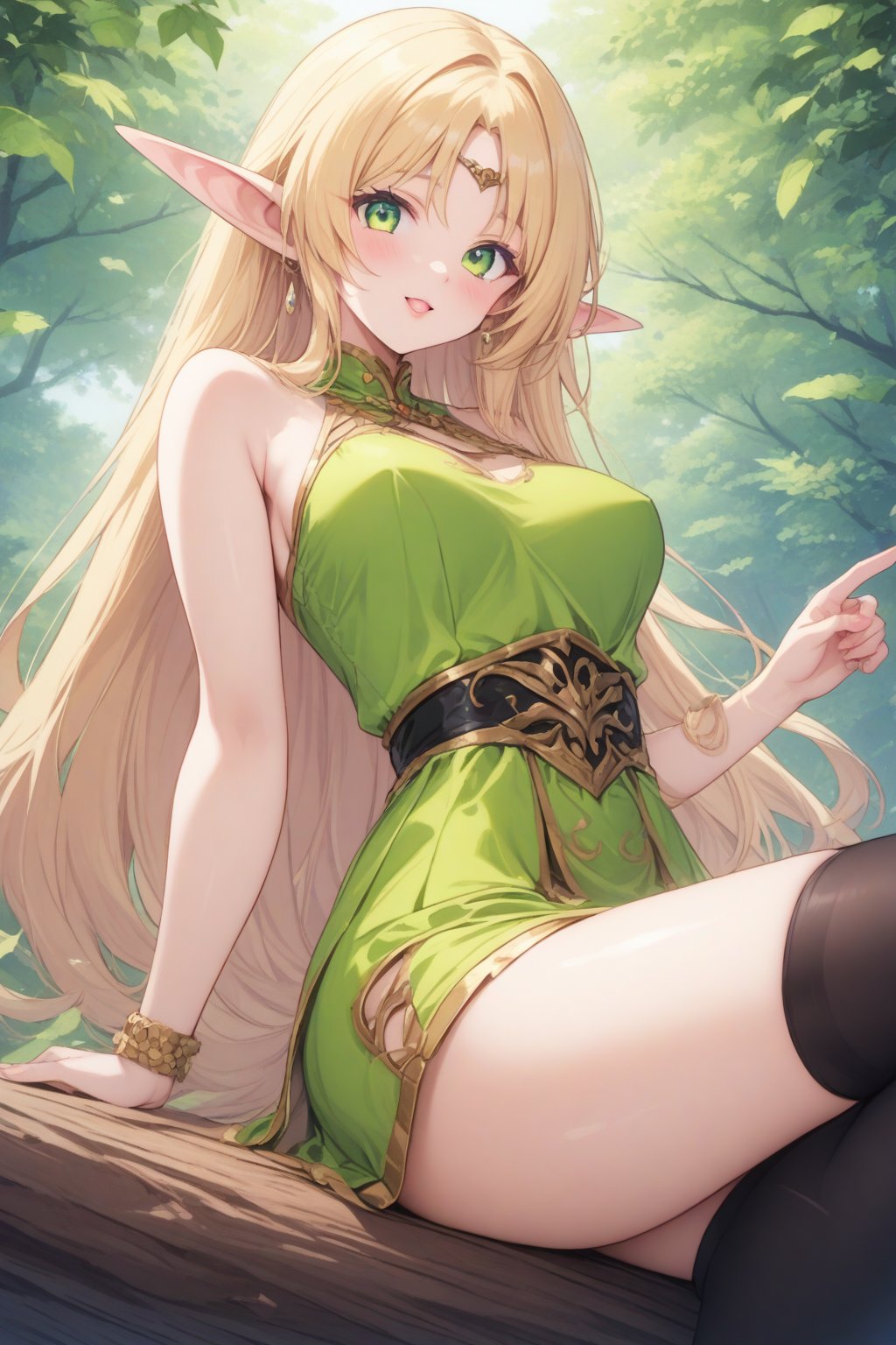 (masterpiece, best quality, 32K ultra HD anime, super high resolution, 1980s /(style/), perfect human anatomy, perfect anatomy), (side view, shot from below), looking at camera, highlights breasts,
(Deedlit), mature woman, elf, solo,
((long hair, blonde hair, center parted bangs, circlet, beautiful long thin eyebrows, lime green eyes, big elven ears, pointed ears, pink lips, blushing, smiling), (mouth slightly open),
(((Deedlit's lime green dress, sleeveless, gold trimmed), (green armor, gold trimmed)), belt, (lime green short skirt, gold trimmed)), black stockings, black boots,
attractive body, high body, beautiful clavicle line, (large breasts; 0.3, firm, firm), beautiful_hands, (beautiful_fingers, 4 fingers, 1 thumb), slightly wide_waist; 0.7, slightly large_buttocks; 0.8, beautiful_legs, beautiful_knees, beautiful_calves, (beautiful_toes, 4 fingers, 1 thumb),
(sitting, on a tree branch, legs wide open, on a big tree branch), (forest scenery, big tree branch, big tree, deep forest),
, core_9_up, score_8_up, score_7_up, score_6_up, source_anime, BREAK, score_9,