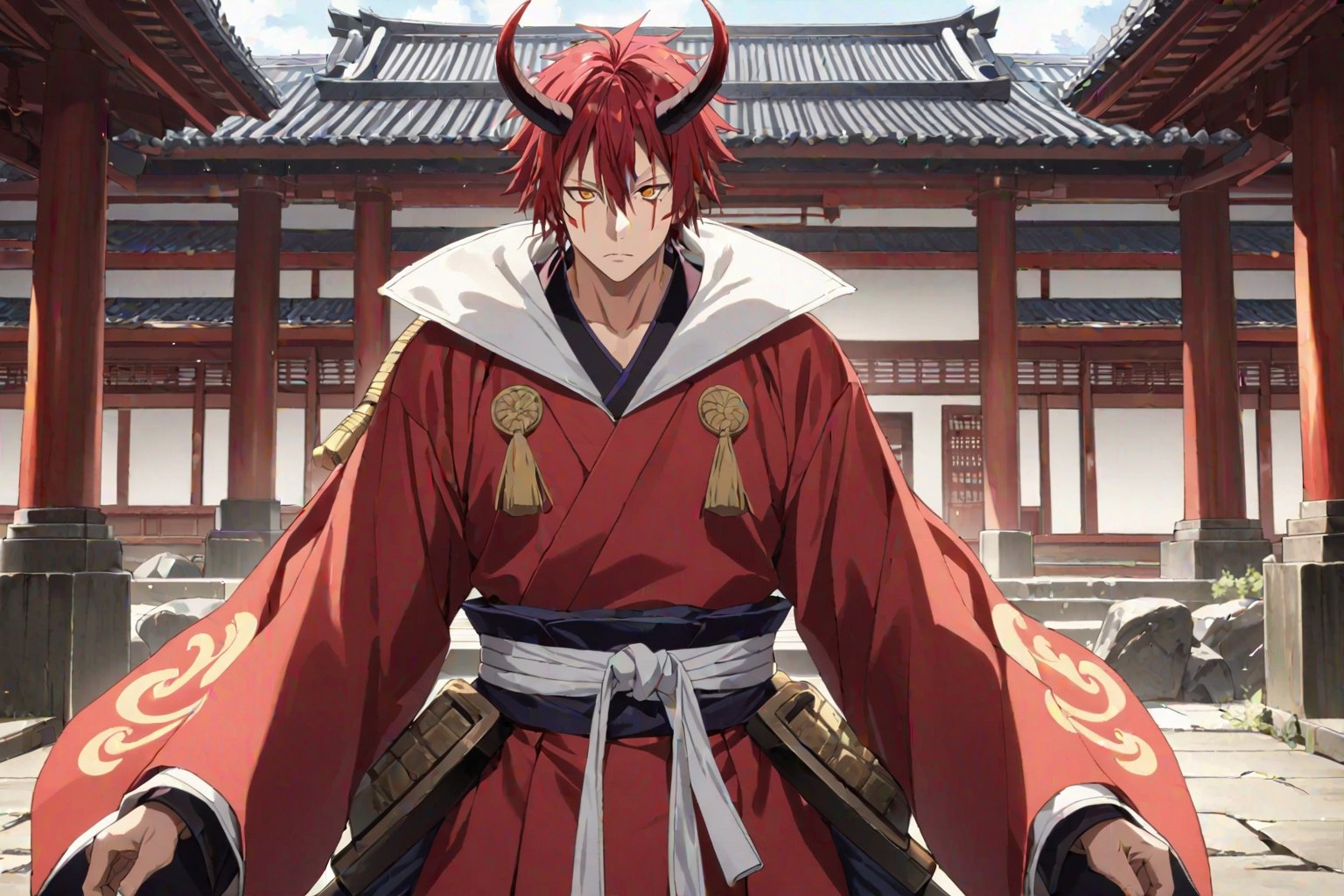 (masterpiece, top quality, ultra HD anime, super high resolution, anatomically accurate, perfect anatomy, exquisite detail), (front view), looking at camera, one boy, solo, male focus, (benimaru_tensura), (red hair, yellow eyes, hair between eyes, horns, demon horns, facial mark), expressionless, asymmetrical, samurai red kimono, gold jinbaori, flame embroidery, black geta, samurai sword, white tabi, flying in the air with a sword, (temple background, old room, stone room),