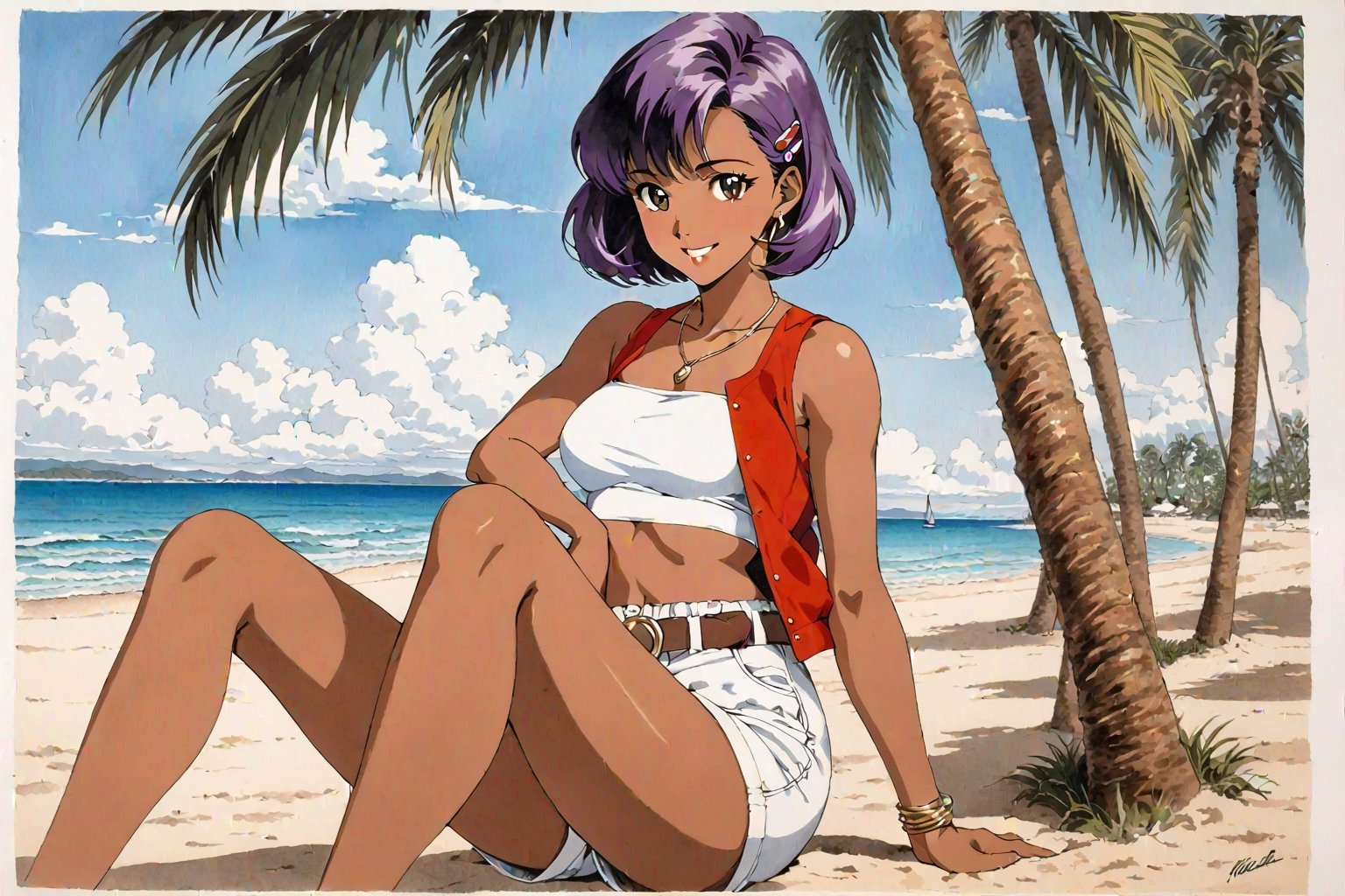 (masterpiece, top quality, super high resolution, anatomically accurate, perfect anatomy, exquisite details, traditional media, retro art style, 1980s style), 1 girl, solo, Nadia La Alwall, dark skinned woman, smiling, (purple hair, short bob cut, hair clip), jewelry, necklace, (red vest, sleeveless), white tube top, red waistband, brown bandeau, white shorts, (beach background, palm trees, sand, sea), sitting, supporting arms, looking at viewer, source_anime, score_9, score_8_up, score_7_up, very detailed, clear lines