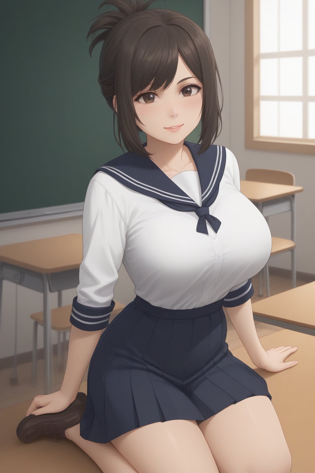 (masterpiece, best quality, 32K ultra HD anime, super high resolution, 1980s /(style/), perfect human anatomy, perfect anatomy, NSFW), (side view, shot from above), looking at camera, highlights of breasts,
(kanakojixl), mature woman, solo,
((short hair, black hair, folded ponytail, unevenly parted bangs, beautiful thin long eyebrows, black eyes, pink lips, blushing, smiling), (mouth slightly open),
navy blue sailor uniform collar, white shirt, navy blue sailor uniform skirt, black thong panties, school shoes,
attractive body, beautiful collarbone line, (large breasts; 0.3, firm, firm), beautiful hands, (beautiful fingers, 4 fingers, 1 thumb), slightly wide hips; 0.7, slightly large ass; 0.8, beautiful_legs, beautiful_knees, beautiful_calves, (beautiful_toes, 4_fingers, 1_thumb),
(standing, facing forward, legs wide open, hands clutching chest, in classroom), (school scene, dim light, classroom, podium, large blackboard, timetable, TV monitor),
, core_9_up, score_8_up, score_7_up, score_6_up, source_anime, BREAK, score_9,