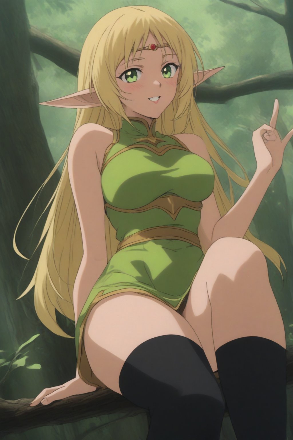 (masterpiece, best quality, 32K ultra HD anime, super high resolution, 1980s /(style/), perfect human anatomy, perfect anatomy), (side view, shot from below), looking at camera, highlights breasts,
(Deedlit), mature woman, elf, solo,
((long hair, blonde hair, center parted bangs, circlet, beautiful long thin eyebrows, lime green eyes, big elven ears, pointed ears, pink lips, blushing, smiling), (mouth slightly open),
(((Deedlit's lime green dress, sleeveless, gold trimmed), (green armor, gold trimmed)), belt, (lime green short skirt, gold trimmed)), black stockings, black boots,
attractive body, high body, beautiful clavicle line, (large breasts; 0.3, firm, firm), beautiful_hands, (beautiful_fingers, 4 fingers, 1 thumb), slightly wide_waist; 0.7, slightly large_buttocks; 0.8, beautiful_legs, beautiful_knees, beautiful_calves, (beautiful_toes, 4 fingers, 1 thumb),
(sitting, on a tree branch, legs wide open, on a big tree branch), (forest scenery, big tree branch, big tree, deep forest),
, core_9_up, score_8_up, score_7_up, score_6_up, source_anime, BREAK, score_9,