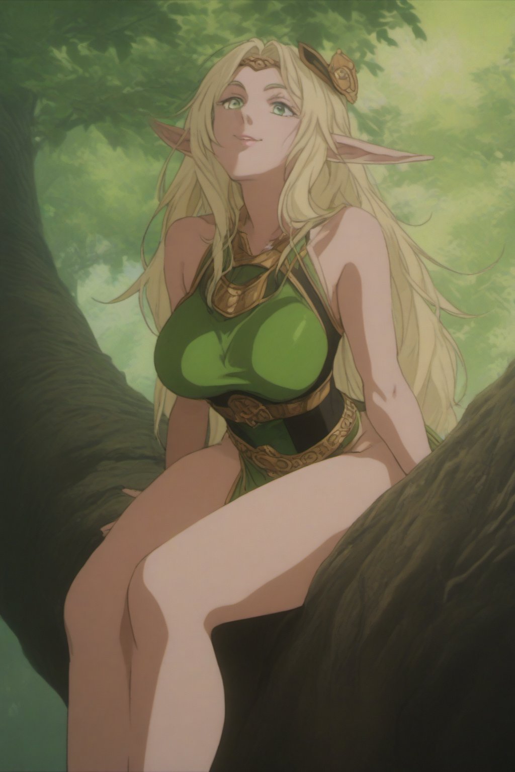 (masterpiece, best quality, 32K ultra HD anime, super high resolution, 1980s /(style/), perfect human anatomy, perfect anatomy), (side view, shot from below), looking at camera, highlights breasts,
(Deedlit), mature woman, elf, solo,
((long hair, blonde hair, center parted bangs, circlet, beautiful long thin eyebrows, lime green eyes, big elven ears, pointed ears, pink lips, blushing, smiling), (mouth slightly open),
(((Deedlit's lime green dress, sleeveless, gold trimmed), (green armor, gold trimmed)), belt, (lime green short skirt, gold trimmed)), black stockings, black boots,
attractive body, high body, beautiful clavicle line, (large breasts; 0.3, firm, firm), beautiful_hands, (beautiful_fingers, 4 fingers, 1 thumb), slightly wide_waist; 0.7, slightly large_buttocks; 0.8, beautiful_legs, beautiful_knees, beautiful_calves, (beautiful_toes, 4 fingers, 1 thumb),
(sitting, on a tree branch, legs wide open, on a big tree branch), (forest scenery, big tree branch, big tree, deep forest),
, core_9_up, score_8_up, score_7_up, score_6_up, source_anime, BREAK, score_9,