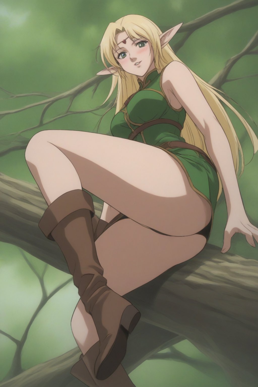 (masterpiece, best quality, 32K ultra HD anime, super high resolution, 1980s /(style/), perfect human anatomy, perfect anatomy), (side view, shot from below), looking at camera, highlights breasts,
(Deedlit), mature woman, elf, solo,
((long hair, blonde hair, center parted bangs, circlet, beautiful long thin eyebrows, lime green eyes, big elven ears, pointed ears, pink lips, blushing, smiling), (mouth slightly open),
(((Deedlit's lime green dress, sleeveless, gold trimmed), (green armor, gold trimmed)), belt, (lime green short skirt, gold trimmed)), black stockings, black boots,
attractive body, high body, beautiful clavicle line, (large breasts; 0.3, firm, firm), beautiful_hands, (beautiful_fingers, 4 fingers, 1 thumb), slightly wide_waist; 0.7, slightly large_buttocks; 0.8, beautiful_legs, beautiful_knees, beautiful_calves, (beautiful_toes, 4 fingers, 1 thumb),
(sitting, on a tree branch, legs wide open, on a big tree branch), (forest scenery, big tree branch, big tree, deep forest),
, core_9_up, score_8_up, score_7_up, score_6_up, source_anime, BREAK, score_9,score_9_up