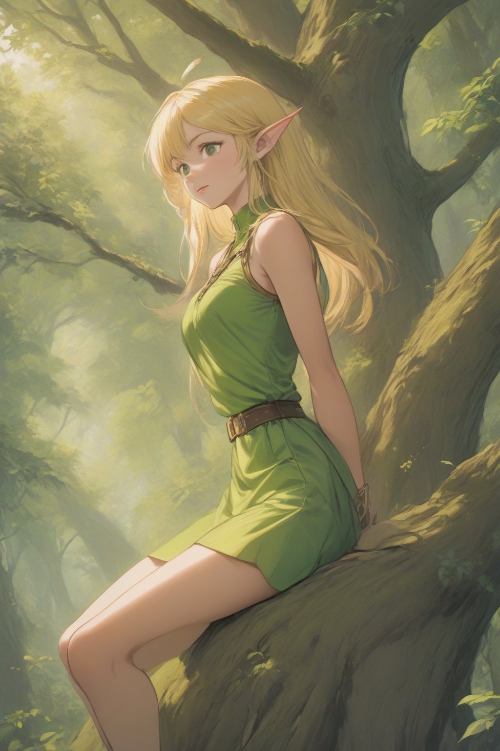 (masterpiece, best quality, 32K ultra HD anime, super high resolution, 1980s /(style/), perfect human anatomy, perfect anatomy), (side view, shot from below), looking at camera, highlights breasts,
(Deedlit), mature woman, elf, solo,
((long hair, blonde hair, center parted bangs, circlet, beautiful long thin eyebrows, lime green eyes, pointed ears, pink lips, blushing, smiling), (mouth slightly open),
(((Deedlit's lime green dress, sleeveless, gold trimmed), (green armor, gold trimmed)), belt, (lime green short skirt, gold trimmed)), black stockings, black boots,
attractive body, high body, beautiful clavicle line, (large breasts; 0.3, firm firmness), beautiful hands, (beautiful fingers, 4 fingers, 1 thumb), slightly wide hips; 0.7, a little big_buttocks; 0.8, beautiful_legs, beautiful_knees, beautiful_calves, (beautiful_toes, 4 fingers, 1 thumb),
(sitting, on a tree branch, legs wide open, on a big tree branch), (forest scenery, big tree branch, big tree, deep forest),
, core_9_up, score_8_up, score_7_up, score_6_up, source_anime, BREAK, score_9, score_9_up