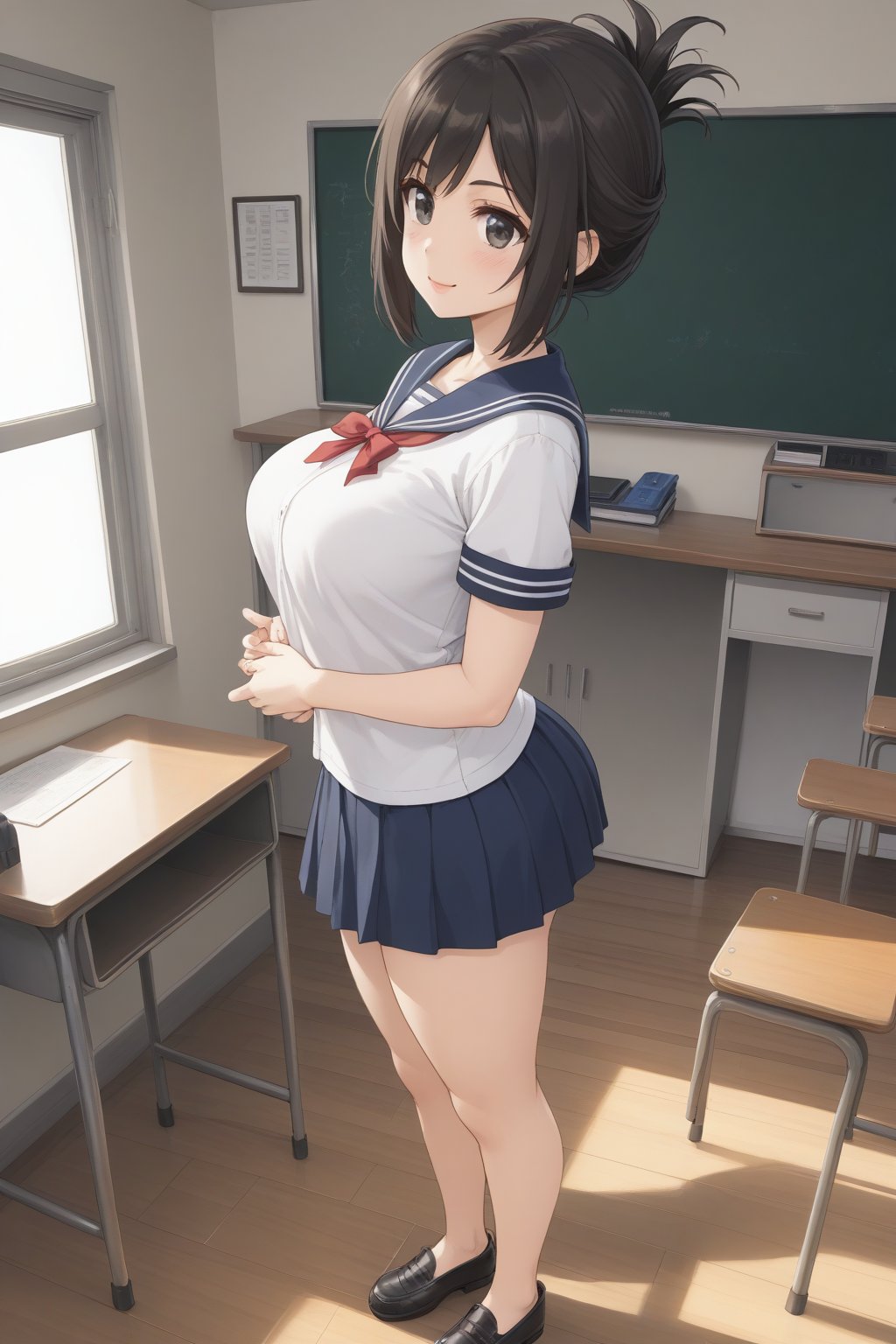 (masterpiece, best quality, 32K ultra HD anime, super high resolution, 1980s /(style/), perfect human anatomy, perfect anatomy, NSFW), (side view, shot from above), looking at camera, highlights of breasts,
(kanakojixl), mature woman, solo,
((short hair, black hair, folded ponytail, unevenly parted bangs, beautiful thin long eyebrows, black eyes, pink lips, blushing, smiling), (mouth slightly open),
navy blue sailor uniform collar, white shirt, navy blue sailor uniform skirt, black thong panties, school shoes,
attractive body, beautiful collarbone line, (large breasts; 0.3, firm, firm), beautiful hands, (beautiful fingers, 4 fingers, 1 thumb), slightly wide hips; 0.7, slightly large ass; 0.8, beautiful_legs, beautiful_knees, beautiful_calves, (beautiful_toes, 4_fingers, 1_thumb),
(standing, facing forward, legs wide open, hands clutching chest, in classroom), (school scene, dim light, classroom, podium, large blackboard, timetable, TV monitor),
, core_9_up, score_8_up, score_7_up, score_6_up, source_anime, BREAK, score_9,