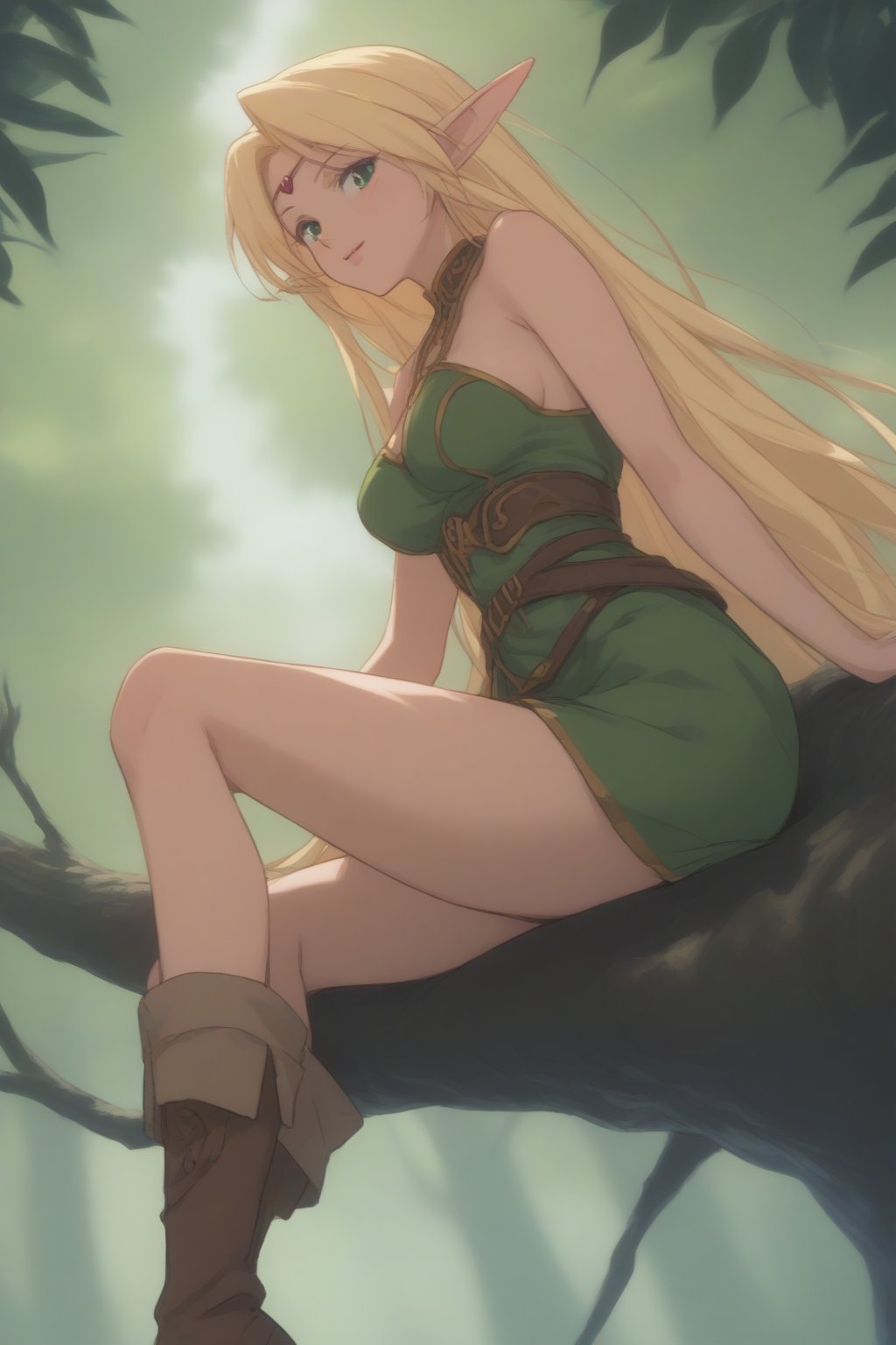 (masterpiece, best quality, 32K ultra HD anime, super high resolution, 1980s /(style/), perfect human anatomy, perfect anatomy), (side view, shot from below), looking at camera, highlights breasts,
(Deedlit), mature woman, elf, solo,
((long hair, blonde hair, center parted bangs, circlet, beautiful long thin eyebrows, lime green eyes, big elven ears, pointed ears, pink lips, blushing, smiling), (mouth slightly open),
(((Deedlit's lime green dress, sleeveless, gold trimmed), (green armor, gold trimmed)), belt, (lime green short skirt, gold trimmed)), black stockings, black boots,
attractive body, high body, beautiful clavicle line, (large breasts; 0.3, firm, firm), beautiful_hands, (beautiful_fingers, 4 fingers, 1 thumb), slightly wide_waist; 0.7, slightly large_buttocks; 0.8, beautiful_legs, beautiful_knees, beautiful_calves, (beautiful_toes, 4 fingers, 1 thumb),
(sitting, on a tree branch, legs wide open, on a big tree branch), (forest scenery, big tree branch, big tree, deep forest),
, core_9_up, score_8_up, score_7_up, score_6_up, source_anime, BREAK, score_9,