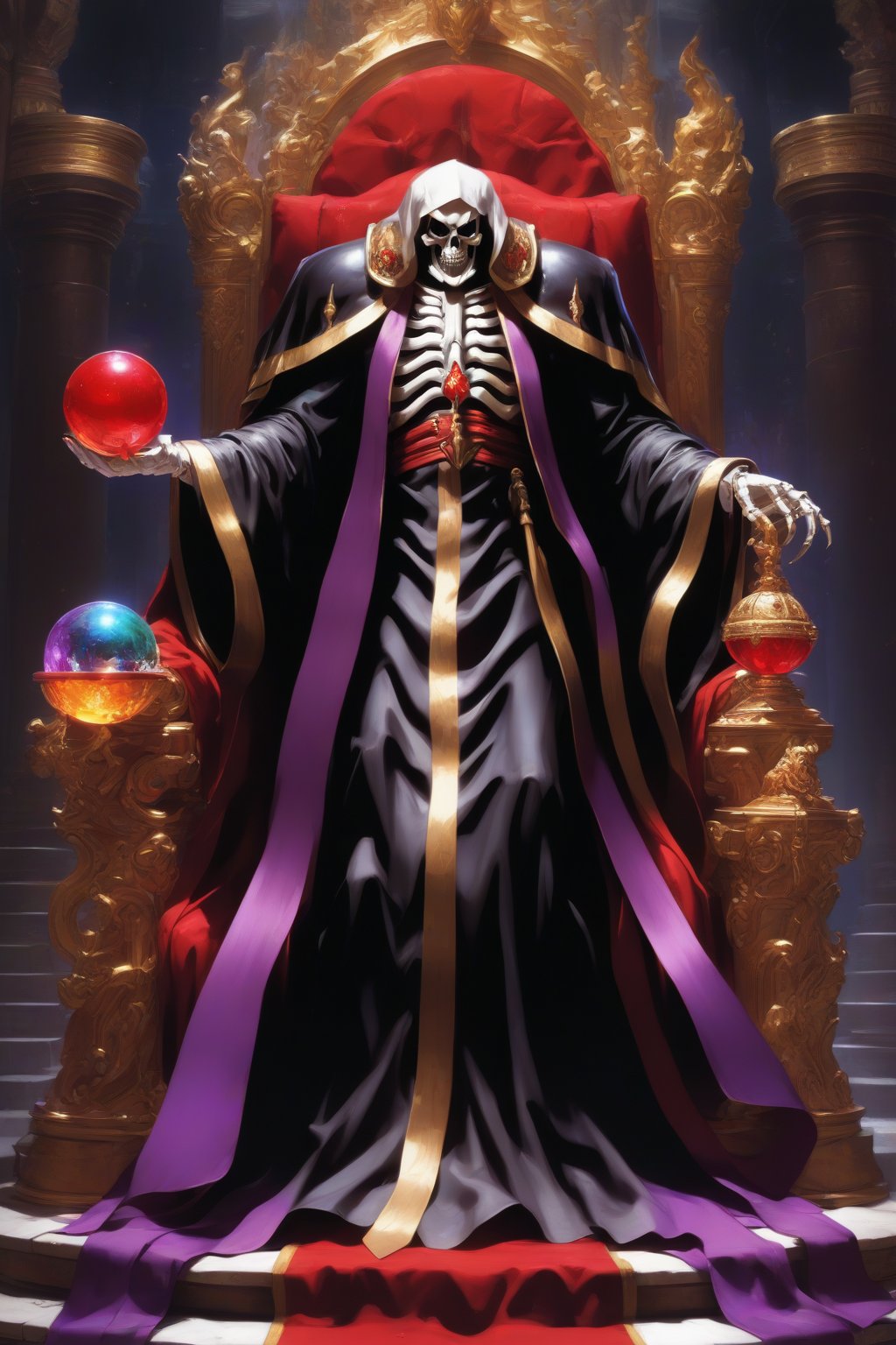 (masterpiece, best quality, 32K ultra-high resolution oil painting, super high resolution, artistic shading, accurate human anatomy, perfect anatomy),
(side view, bottom angle), full body shot, (eyes on camera),
Ainz Ooal Gown \(Overlord\), one boy, solo,
white skull, white skeleton, red eyes, glowing, glowing red ball in chest,
black hood with gold trim, (white giant shoulder pads, red balls inlaid), (black robe, purple trim), (scepter, snake holds seven-colored gem on staff),
(palace background, huge stone pillars lined up, (red carpet, gold trim), luxurious throne, steps to the throne, huge coat of arms flag),
core_9_up, score_8_up, score_7_up, score_6_up, source_anime,