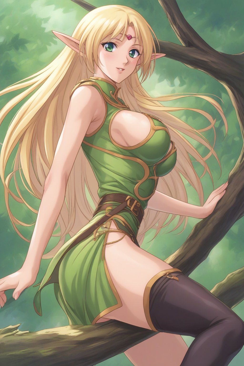 (masterpiece, best quality, 32K ultra HD anime, super high resolution, 1980s /(style/), perfect human anatomy, perfect anatomy), (side view, shot from below), looking at camera, highlights breasts,
(Deedlit), mature woman, elf, solo,
((long hair, blonde hair, center parted bangs, circlet, beautiful long thin eyebrows, lime green eyes, big elven ears, pointed ears, pink lips, blushing, smiling), (mouth slightly open),
(((Deedlit's lime green dress, sleeveless, gold trimmed), (green armor, gold trimmed)), belt, (lime green short skirt, gold trimmed)), black stockings, black boots,
attractive body, high body, beautiful clavicle line, (large breasts; 0.3, firm, firm), beautiful_hands, (beautiful_fingers, 4 fingers, 1 thumb), slightly wide_waist; 0.7, slightly large_buttocks; 0.8, beautiful_legs, beautiful_knees, beautiful_calves, (beautiful_toes, 4 fingers, 1 thumb),
(sitting, on a tree branch, legs wide open, on a big tree branch), (forest scenery, big tree branch, big tree, deep forest),
, core_9_up, score_8_up, score_7_up, score_6_up, source_anime, BREAK, score_9,