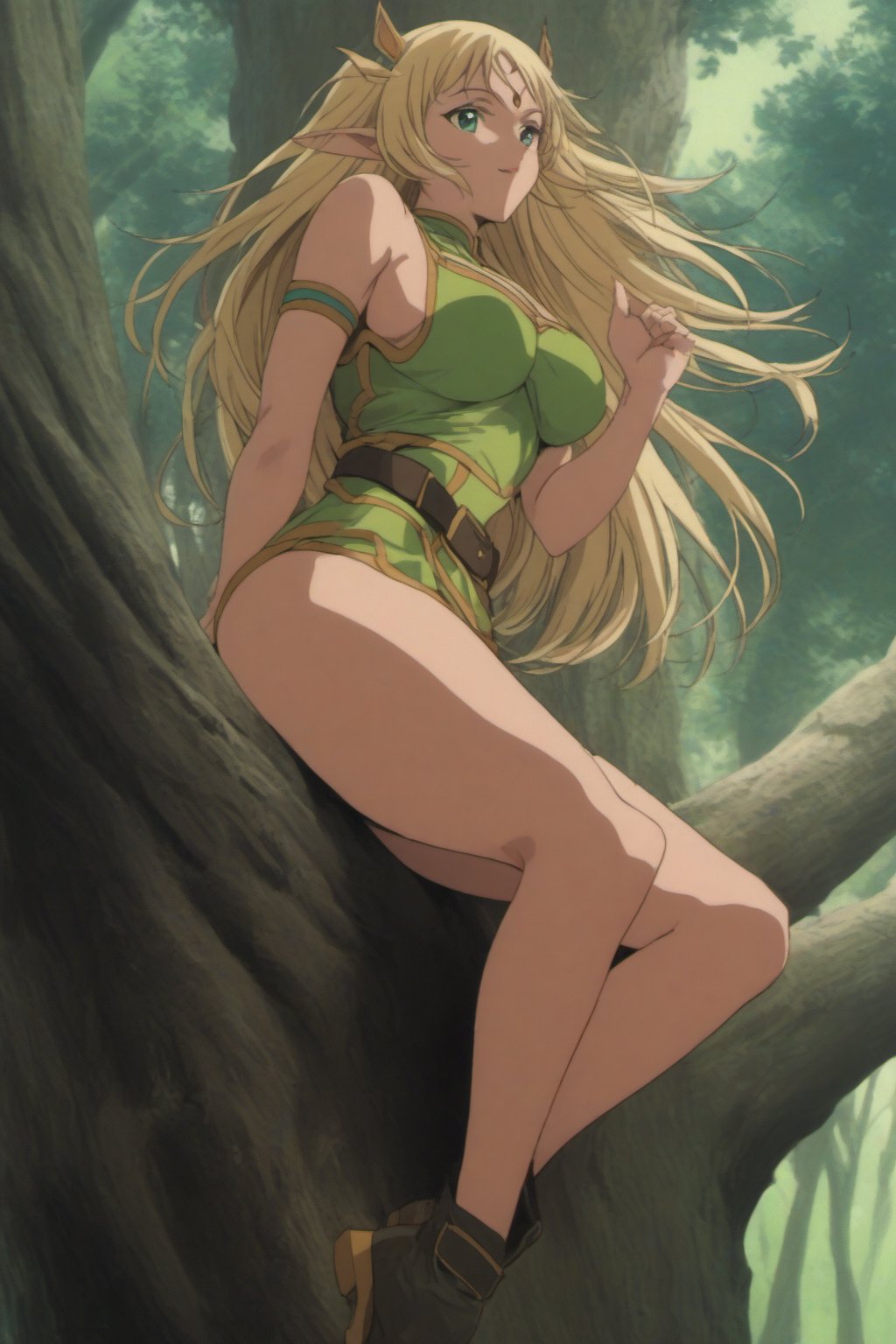 (masterpiece, best quality, 32K ultra HD anime, super high resolution, 1980s /(style/), perfect human anatomy, perfect anatomy), (side view, shot from below), looking at camera, highlights breasts,
(Deedlit), mature woman, elf, solo,
((long hair, blonde hair, center parted bangs, circlet, beautiful long thin eyebrows, lime green eyes, big elven ears, pointed ears, pink lips, blushing, smiling), (mouth slightly open),
(((Deedlit's lime green dress, sleeveless, gold trimmed), (green armor, gold trimmed)), belt, (lime green short skirt, gold trimmed)), black stockings, black boots,
attractive body, high body, beautiful clavicle line, (large breasts; 0.3, firm, firm), beautiful_hands, (beautiful_fingers, 4 fingers, 1 thumb), slightly wide_waist; 0.7, slightly large_buttocks; 0.8, beautiful_legs, beautiful_knees, beautiful_calves, (beautiful_toes, 4 fingers, 1 thumb),
(sitting, on a tree branch, legs wide open, on a big tree branch), (forest scenery, big tree branch, big tree, deep forest),
, core_9_up, score_8_up, score_7_up, score_6_up, source_anime, BREAK, score_9,