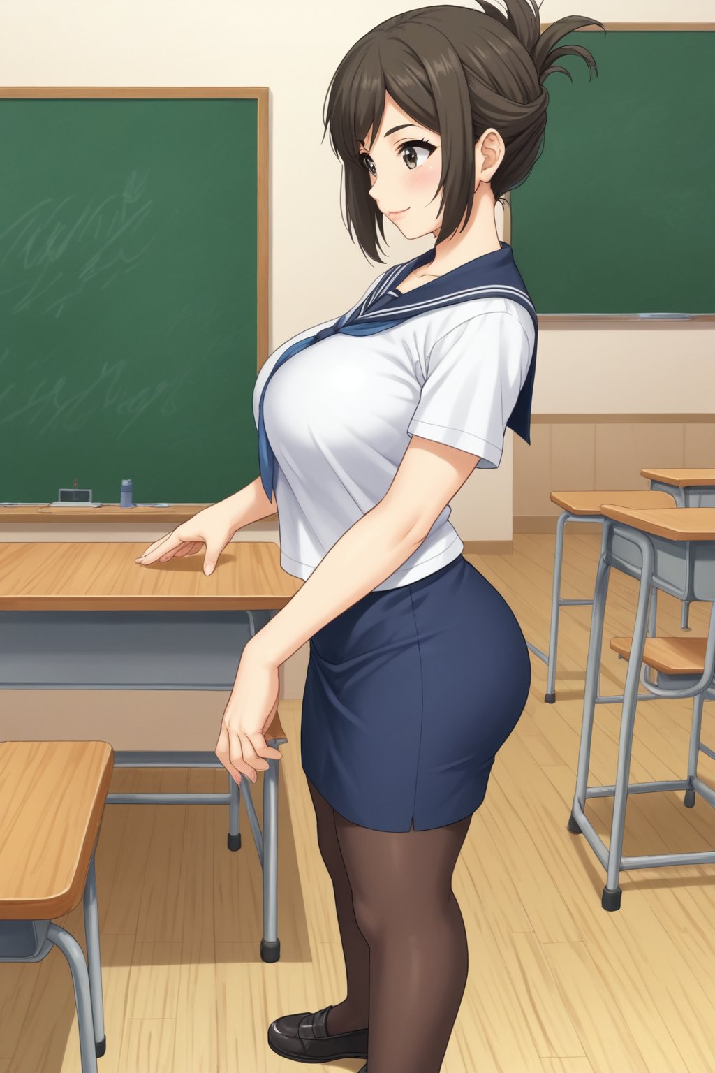 (masterpiece, best quality, 32K ultra HD anime, super high resolution, 1980s /(style/), perfect human anatomy, perfect anatomy, NSFW), (side view, shot from above), looking at camera, highlights of breasts,
(kanakojixl), mature woman, solo,
((short hair, black hair, folded ponytail, unevenly parted bangs, beautiful thin long eyebrows, black eyes, pink lips, blushing, smiling), (mouth slightly open),
navy blue sailor uniform collar, white shirt, navy blue sailor uniform skirt, black thong panties, black pantyhose, school shoes,
attractive body, beautiful collarbone line, (large breasts; 0.3, firm, firm), beautiful hands, (beautiful fingers, 4 fingers, 1 thumb), slightly wide hips; 0.7, slightly large ass; 0.8, beautiful_legs, beautiful_knees, beautiful_calves, (beautiful_toes, 4_fingers, 1_thumb),
(standing, facing forward, legs wide open, hands clutching chest, in classroom), (school scene, dim light, classroom, podium, large blackboard, timetable, TV monitor),
, core_9_up, score_8_up, score_7_up, score_6_up, source_anime, BREAK, score_9,