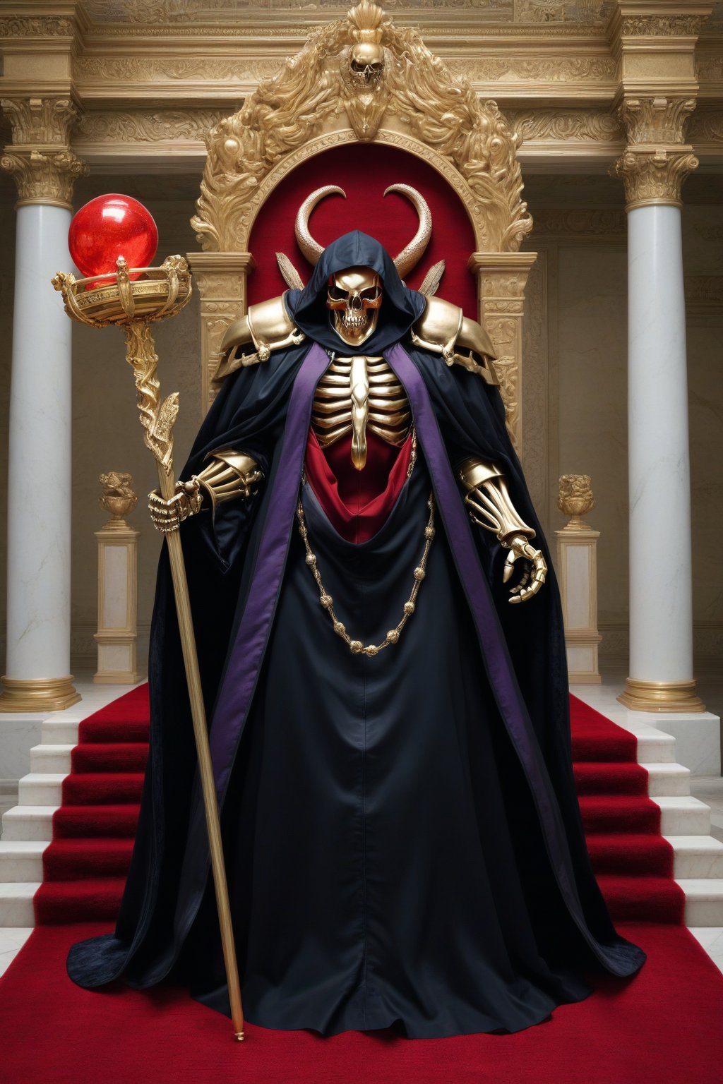 (masterpiece, best quality, 32K ultra HD animation, super high resolution, artistic shading, accurate human anatomy, perfect anatomy),
(side view, bottom angle), full body shot, (eyes on camera),
Ainz Ooal Gown \(Overlord\), one boy, solo,
skull, skeleton, red eyes, glowing, glowing red ball inside body
black hood with gold trim, (large white shoulder pads, red balls inlaid), (black robe, purple trim), (scepter, snake object holding seven colored gems in its mouth),
(palace background, huge stone pillars lined up, (red carpet, gold trim), luxurious throne, steps to the throne, huge coat of arms flag),
core_9_up, score_8_up, score_7_up, score_6_up, source_anime,