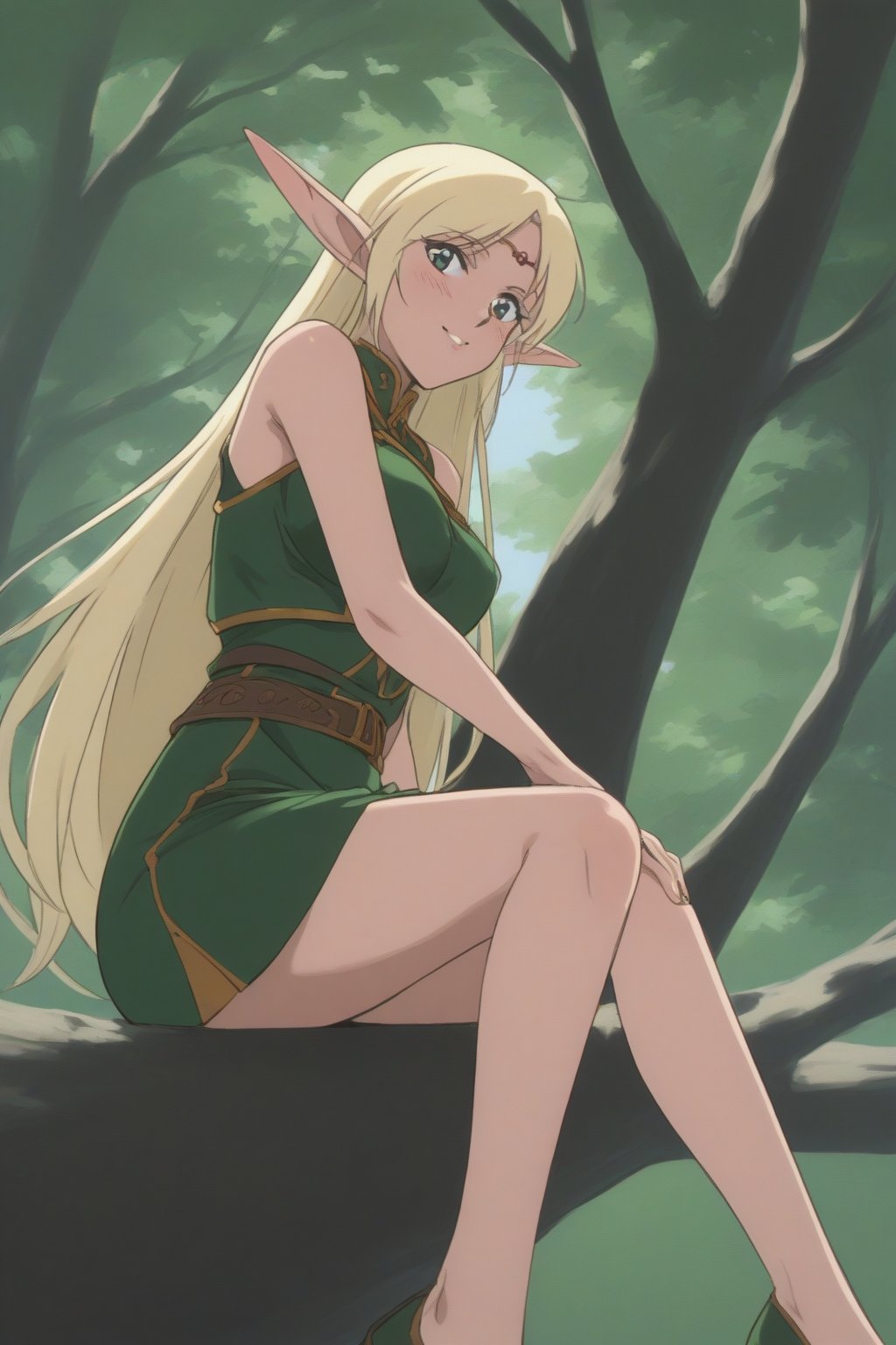 (masterpiece, best quality, 32K ultra HD anime, super high resolution, 1980s /(style/), perfect human anatomy, perfect anatomy), (side view, shot from below), looking at camera, highlights breasts,
(Deedlit), mature woman, elf, solo,
((long hair, blonde hair, center parted bangs, circlet, beautiful long thin eyebrows, lime green eyes, pointed ears, pink lips, blushing, smiling), (mouth slightly open),
(((Deedlit's lime green dress, sleeveless, gold trimmed), (green armor, gold trimmed)), belt, (lime green short skirt, gold trimmed)), black stockings, black boots,
attractive body, high body, beautiful clavicle line, (large breasts; 0.3, firm firmness), beautiful hands, (beautiful fingers, 4 fingers, 1 thumb), slightly wide hips; 0.7, a little big_buttocks; 0.8, beautiful_legs, beautiful_knees, beautiful_calves, (beautiful_toes, 4 fingers, 1 thumb),
(sitting, on a tree branch, legs wide open, on a big tree branch), (forest scenery, big tree branch, big tree, deep forest),
, core_9_up, score_8_up, score_7_up, score_6_up, source_anime, score_9_up