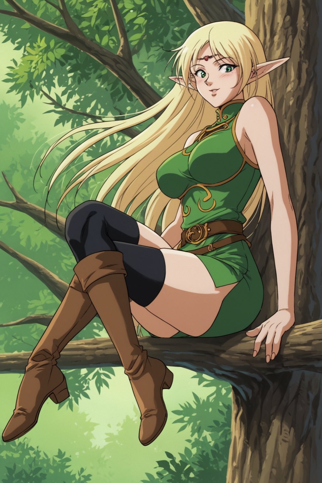 (masterpiece, best quality, 32K ultra HD anime, super high resolution, 1980s /(style/), perfect human anatomy, perfect anatomy), (side view, shot from below), looking at camera, highlights breasts,
(Deedlit), mature woman, elf, solo,
((long hair, blonde hair, center parted bangs, circlet, beautiful long thin eyebrows, lime green eyes, pointed ears, pink lips, blushing, smiling), (mouth slightly open),
(((Deedlit's lime green dress, sleeveless, gold trimmed), (green armor, gold trimmed)), belt, (lime green short skirt, gold trimmed)), black stockings, black boots,
attractive body, high body, beautiful clavicle line, (large breasts; 0.3, firm firmness), beautiful hands, (beautiful fingers, 4 fingers, 1 thumb), slightly wide hips; 0.7, a little big_buttocks; 0.8, beautiful_legs, beautiful_knees, beautiful_calves, (beautiful_toes, 4 fingers, 1 thumb),
(sitting, on a tree branch, legs wide open, on a big tree branch), (forest scenery, big tree branch, big tree, deep forest),
, core_9_up, score_8_up, score_7_up, score_6_up, source_anime, BREAK, score_9, score_9_up