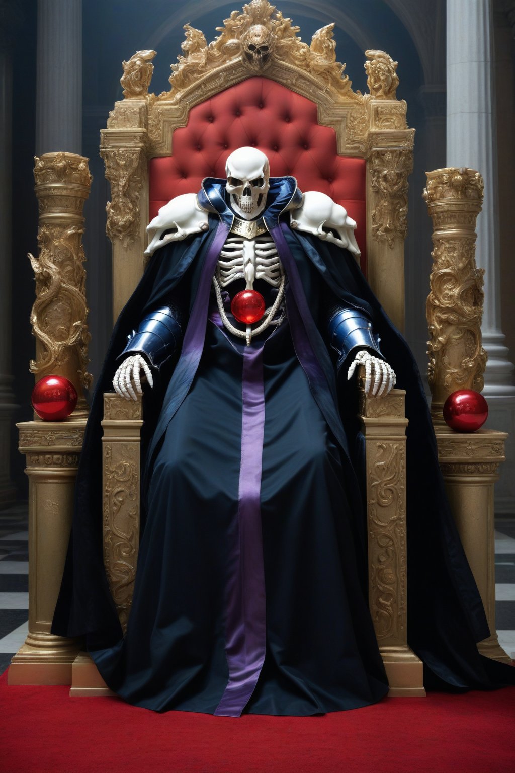 (masterpiece, best quality, 32K ultra-high resolution oil painting, super high resolution, artistic shading, accurate human anatomy, perfect anatomy),
(side view, bottom angle), full body shot, (eyes on camera),
Ainz Ooal Gown \(Overlord\), one boy, solo,
white skull, white skeleton, red eyes, glowing, glowing red ball in chest,
black hood with gold trim, (large white shoulder pads, red balls inlaid), (black robe, purple trim), (scepter, snake object holding seven colored gems in its mouth),
(palace background, huge stone pillars lined up, (red carpet, gold trim), luxurious throne, steps to the throne, huge coat of arms flag),
core_9_up, score_8_up, score_7_up, score_6_up, source_anime,