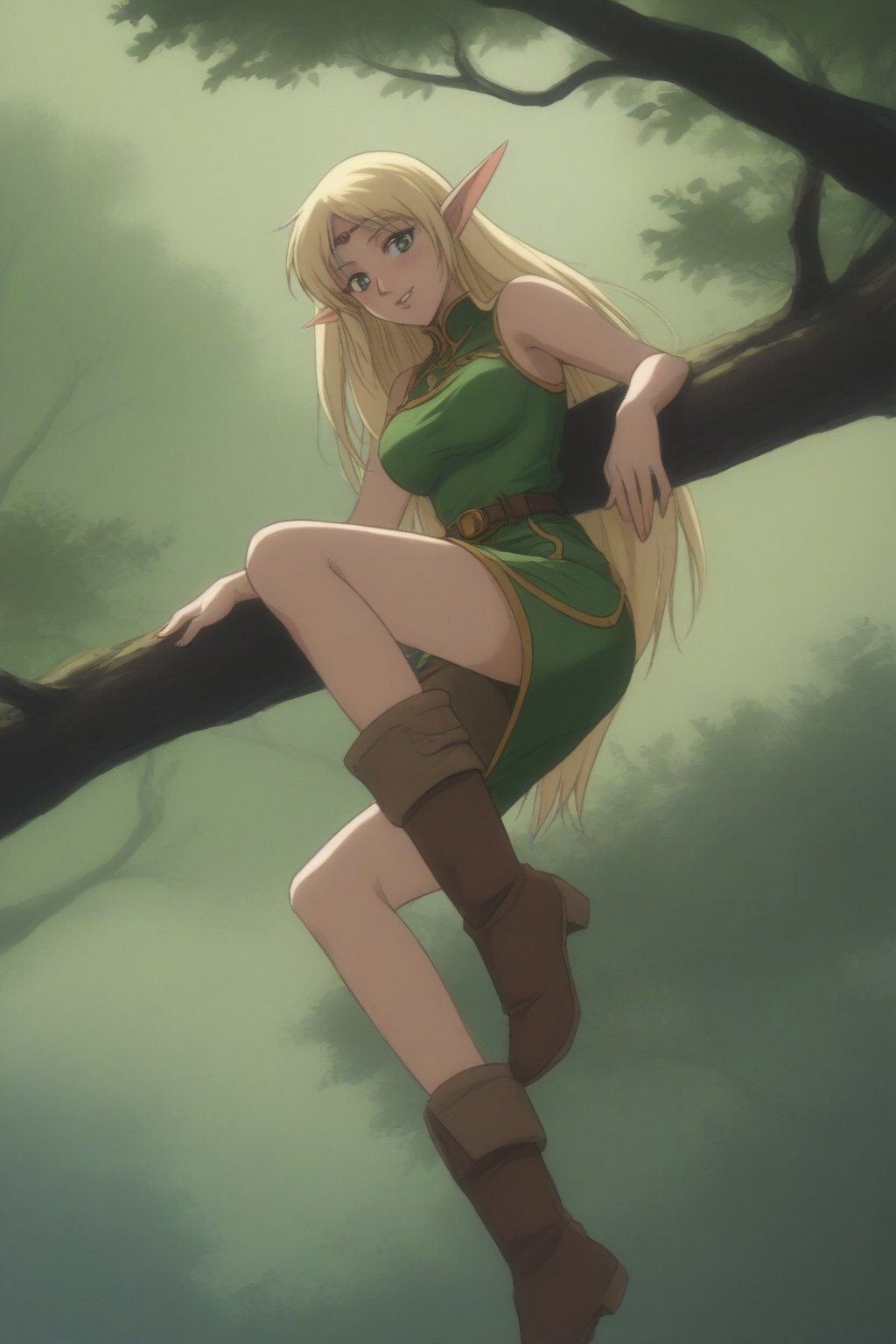 (masterpiece, best quality, 32K ultra HD anime, super high resolution, 1980s /(style/), perfect human anatomy, perfect anatomy), (side view, shot from below), looking at camera, highlights breasts,
(Deedlit), mature woman, elf, solo,
((long hair, blonde hair, center parted bangs, circlet, beautiful long thin eyebrows, lime green eyes, big elven ears, pointed ears, pink lips, blushing, smiling), (mouth slightly open),
(((Deedlit's lime green dress, sleeveless, gold trimmed), (green armor, gold trimmed)), belt, (lime green short skirt, gold trimmed)), black stockings, black boots,
attractive body, high body, beautiful clavicle line, (large breasts; 0.3, firm, firm), beautiful_hands, (beautiful_fingers, 4 fingers, 1 thumb), slightly wide_waist; 0.7, slightly large_buttocks; 0.8, beautiful_legs, beautiful_knees, beautiful_calves, (beautiful_toes, 4 fingers, 1 thumb),
(sitting, on a tree branch, legs wide open, on a big tree branch), (forest scenery, big tree branch, big tree, deep forest),
, core_9_up, score_8_up, score_7_up, score_6_up, source_anime, BREAK, score_9,