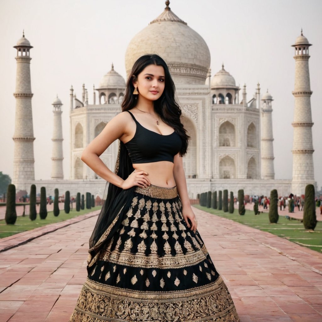 Indian beautiful girl about 21 years old, face features like Preeti Zinta, cute girl, round breast, wearing a lehenga, looking at camera, in front of Taj Mahal, perfect shot, indian theme, realistic, Realism, black hair, full body lehenga 