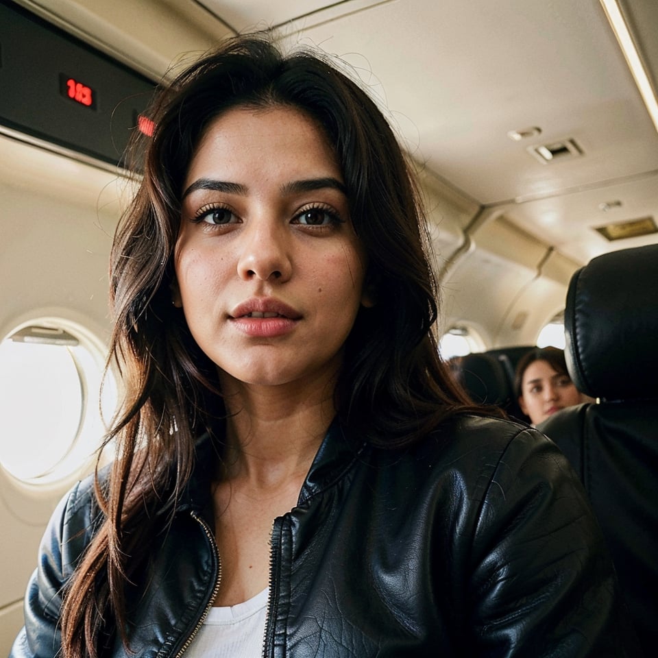 There a woman isma young beautiful 
Indian woman, face features like Katrina Kaif, looking into the camera, portrait causal photo,. Realism,Realism,Portrait
,Raw photo, inside airplane, inside the flight, wearing a t shirt and black leather coat, selfie 