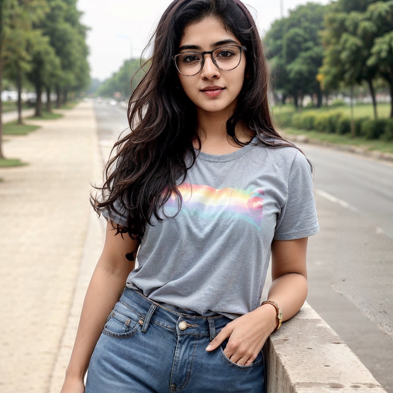 lovely cute young attractive indian teenage girl in a jeans pant and blue t shirt,  23 years old, cute, an Instagram model, long blonde_hair, colorful hair, winter, on road ,Indian, glasses, face_to_cam, raining, rainbow