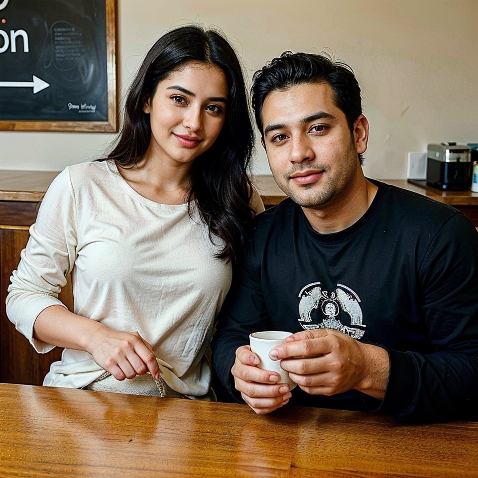 There a woman isma young beautiful 
Indian woman, face features like Katrina Kaif, take a selfie with husband , at coffee shop, happy smile, fully_clothed, a coat over t shirt 
