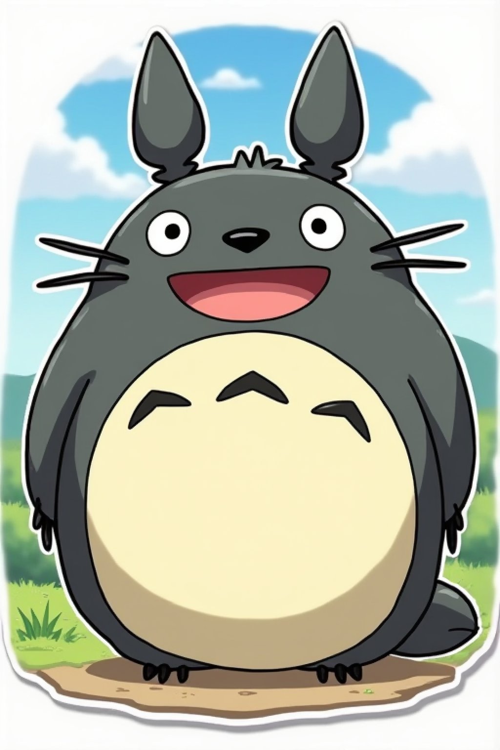 A sticker of totoro , happy, smiling with mouth open. Adorable. Ghibli background and environment. Ghibli style. A text says "I like AI"