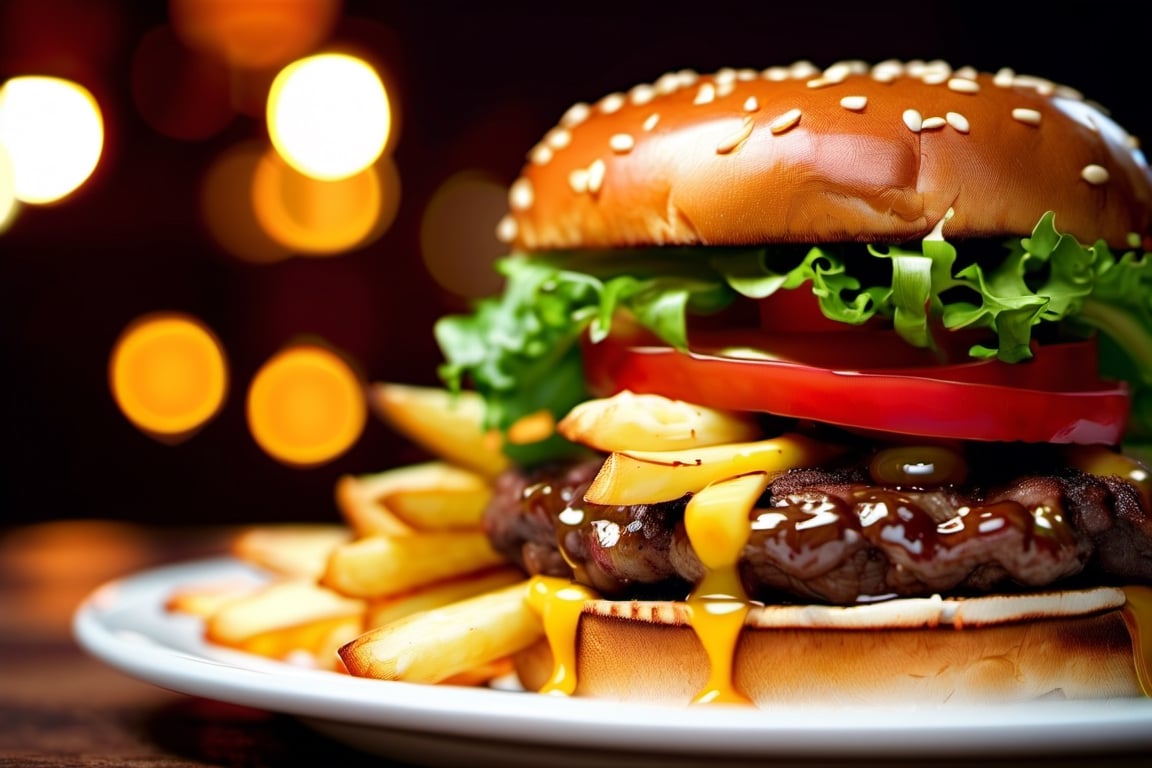 hamburger with chips and ketchup, highly detailed, Fast food ambience, restaurant, 4K, RAW, shot on Nikon, Perfect lighting, golden ratio