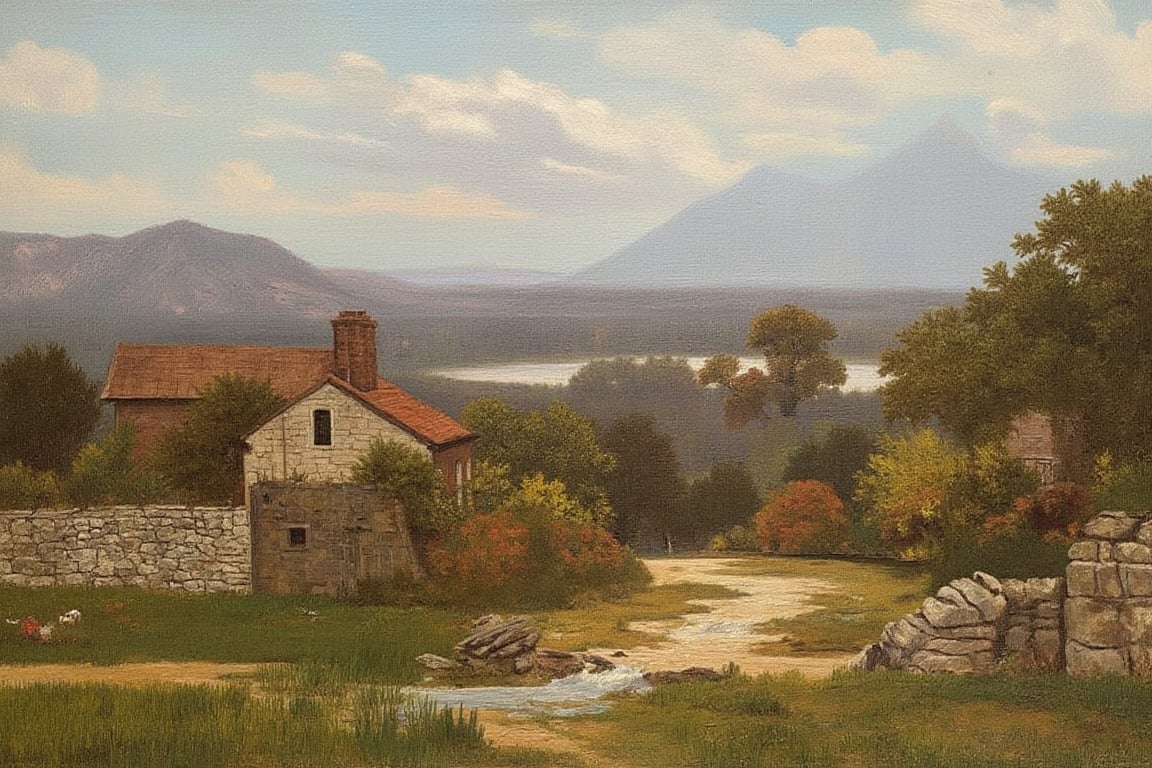 An oil painting of a village