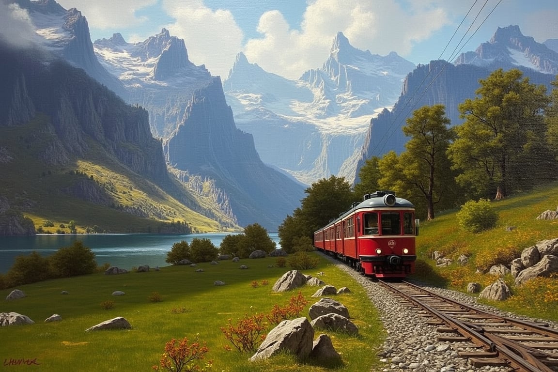 Oil Painting of a scenery in Switzerland, a train visible, oilpaint1