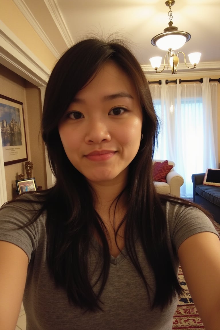 Boring Snapchat Selfie of a 23 y.o. Chinese woman in a living room. The selfie photo was shot on a phone and posted in 2015 on Snapchat.