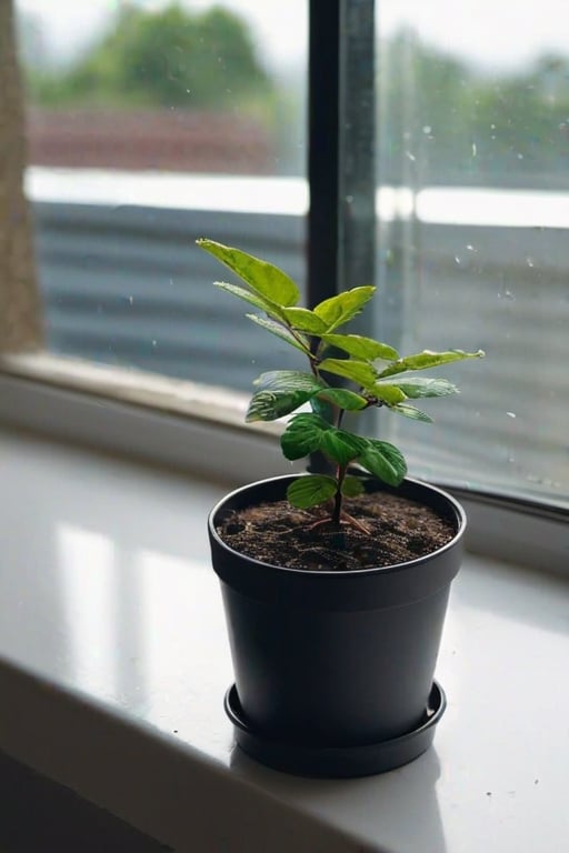 Photo of a plant in a plastic pot, placed near a window, cloudy day, diffused lighting, ( scattered dirt on window sill), bokah, shot on Canon, close up photography, 4K, RAW, Best quality, Indoor photography 